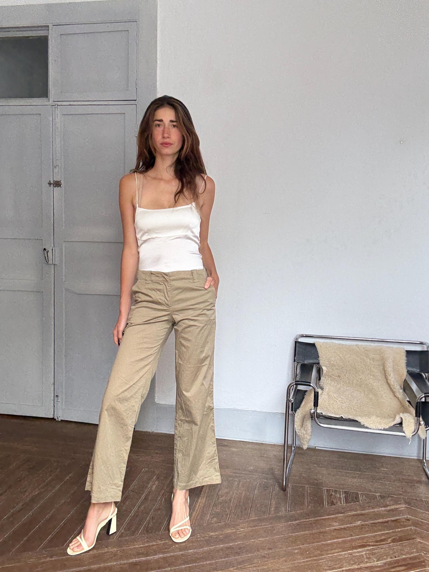 Vintage Marc Cain Khaki Pants | Italian Cotton Silk Blend | Size 3 | High Waist Trousers | 90s Minimal Style | Soft Wide-Leg Fit