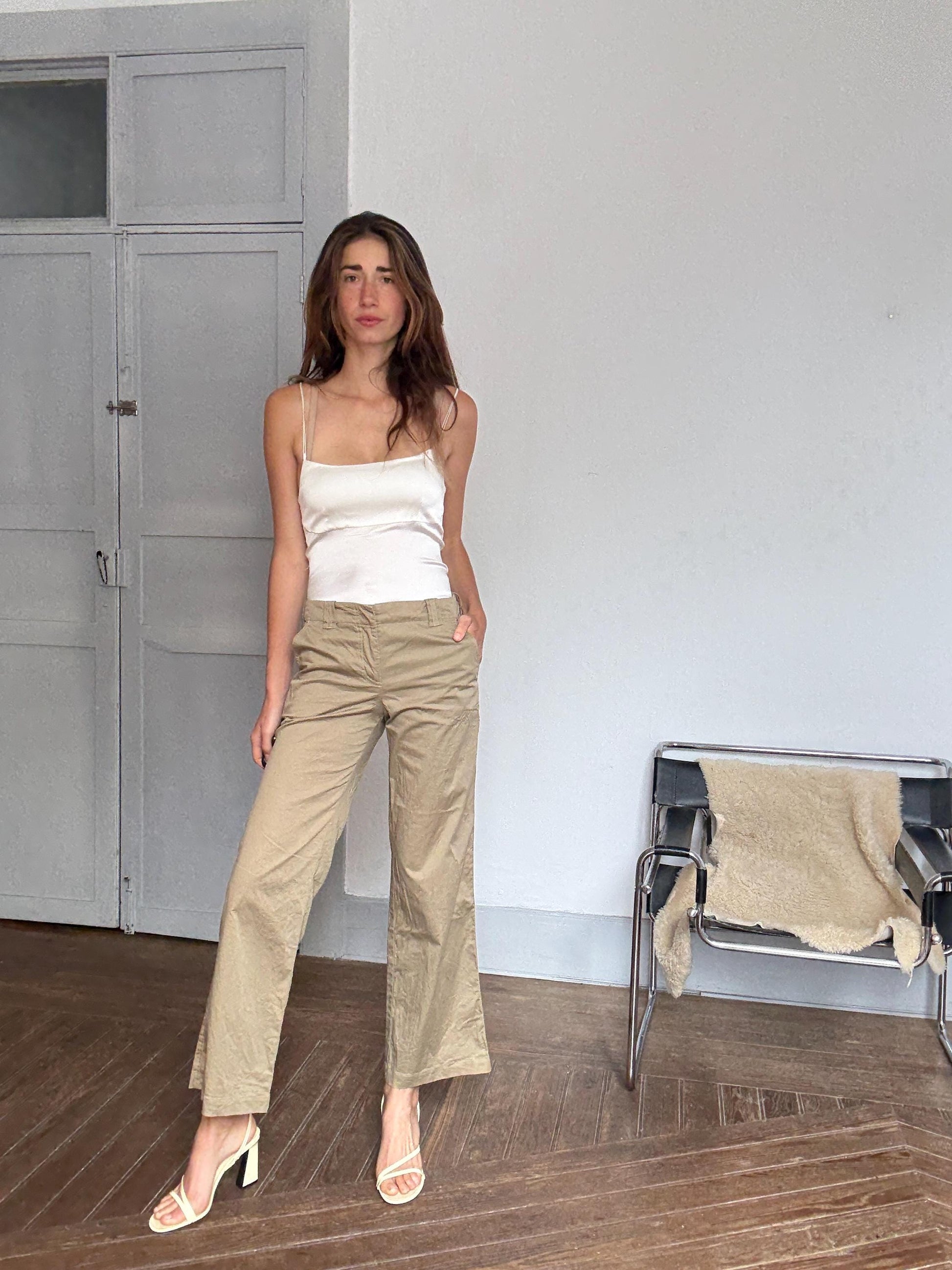 Vintage Marc Cain Khaki Pants | Italian Cotton Silk Blend | Size 3 | High Waist Trousers | 90s Minimal Style | Soft Wide-Leg Fit