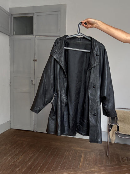 Vintage Black Leather Oversized Coat — back view