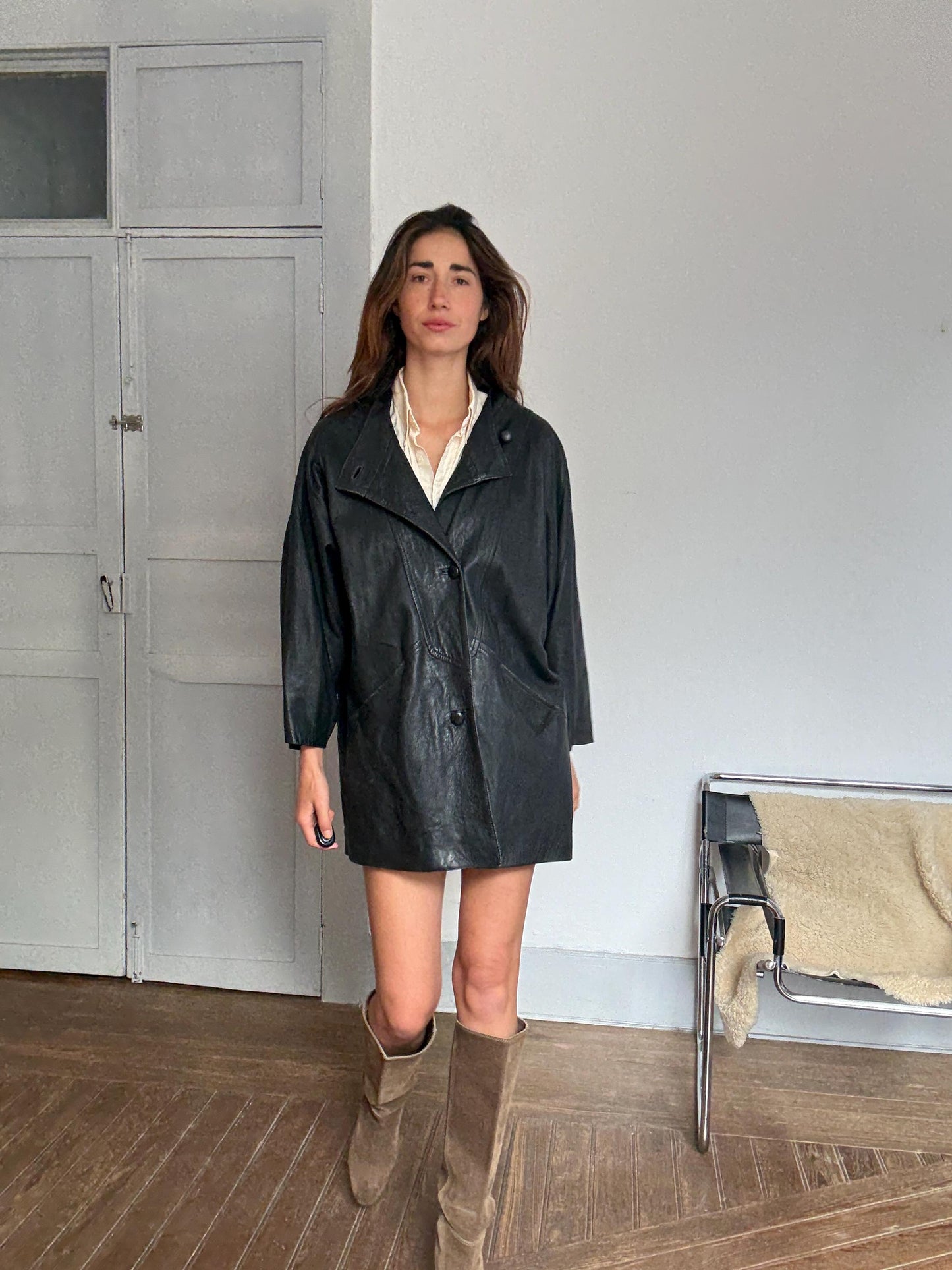 Vintage Black Leather Oversized Coat | Real Sheepskin Leather Jacket | 80s Style | Boxy Fit | Grunge Chic | Size L-XL | Statement Piece