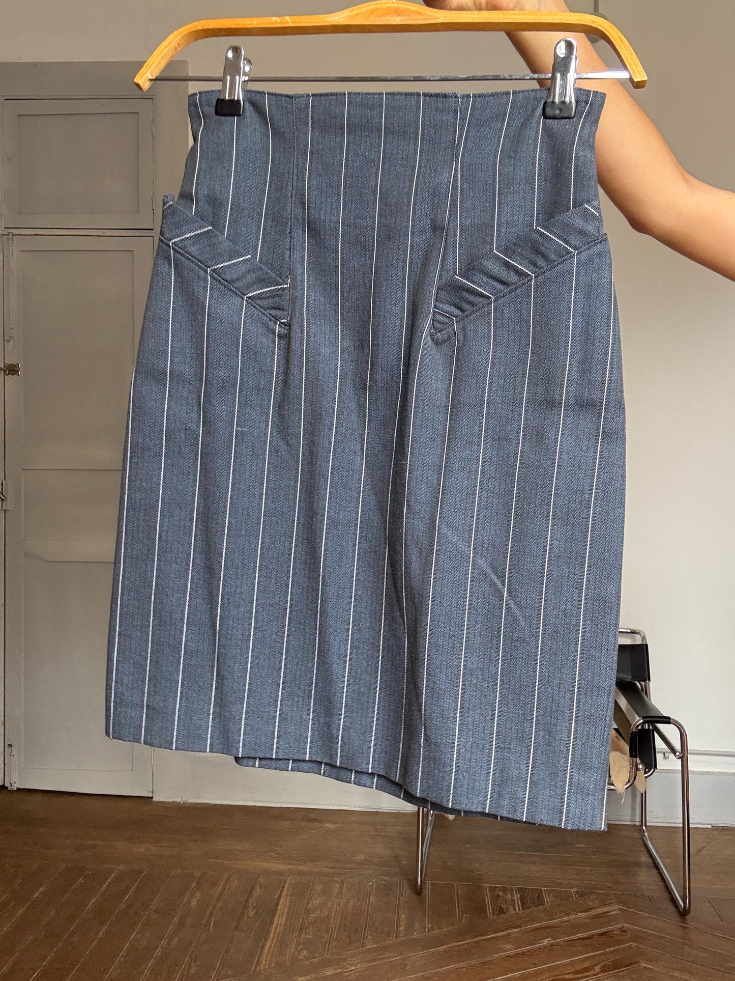 Vintage Italian Pinstripe Skirt | Jacquemus Vibes | Unworn One of a Kind | Officecore Minimal Style, Size XS-S, Petite body frame