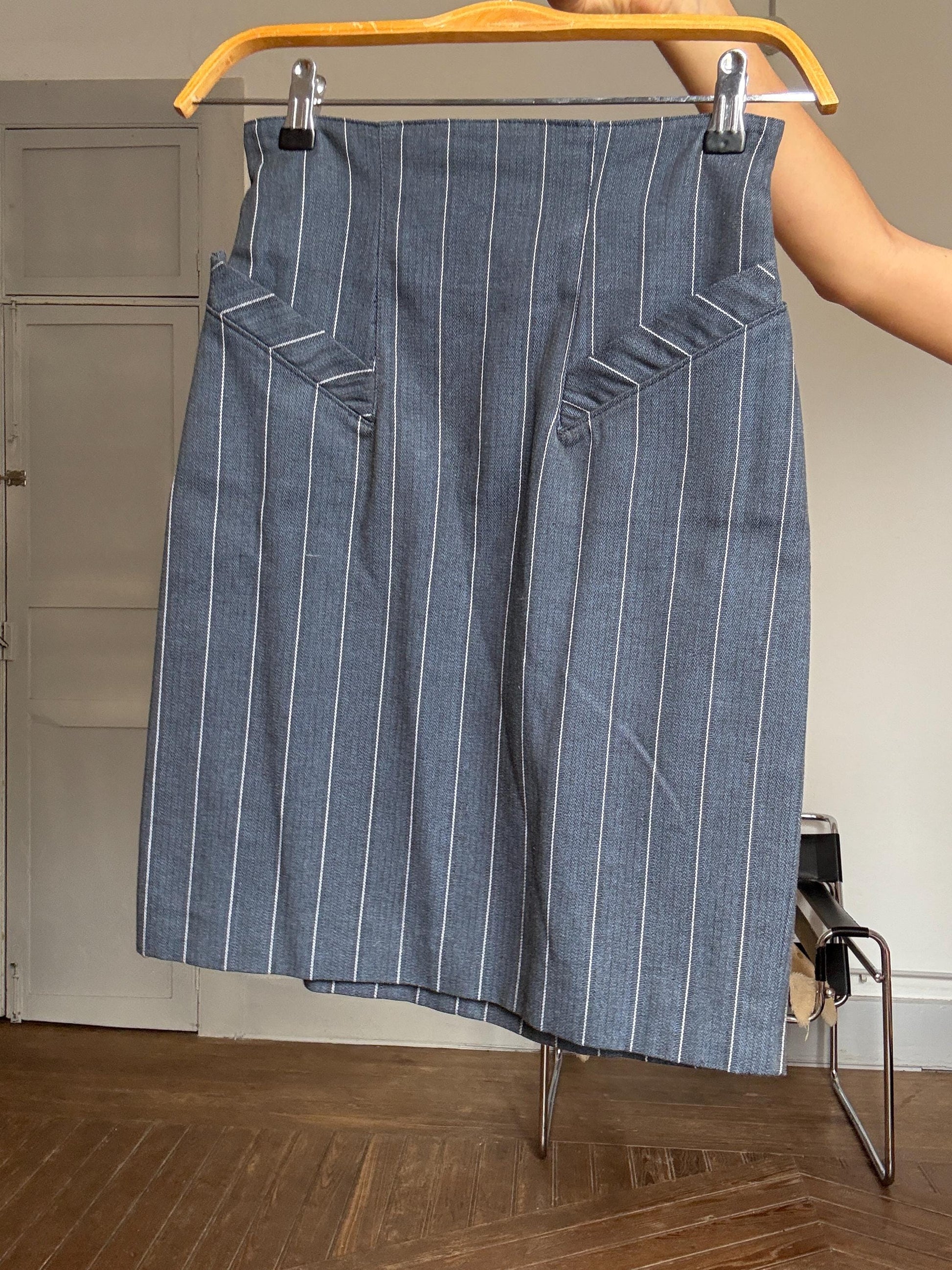 Vintage Italian Pinstripe Skirt | Jacquemus Vibes | Unworn One of a Kind | Officecore Minimal Style, Size XS-S, Petite body frame