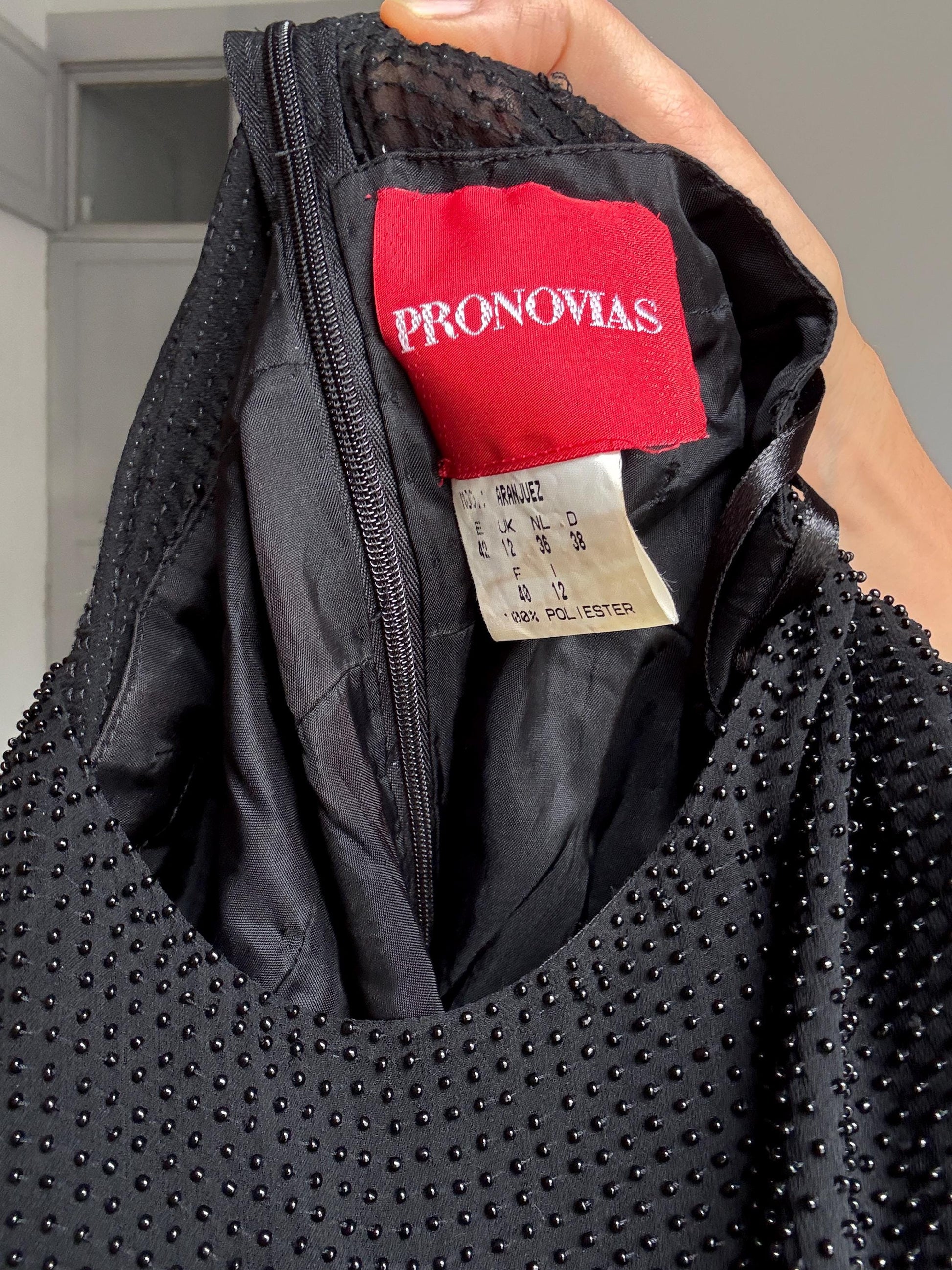 Vintage Pronovias Black Mini Dress with Sheer Beaded Bodice and Bow Detail – Elegant Party Look, Festive formal short sheer dress, XS