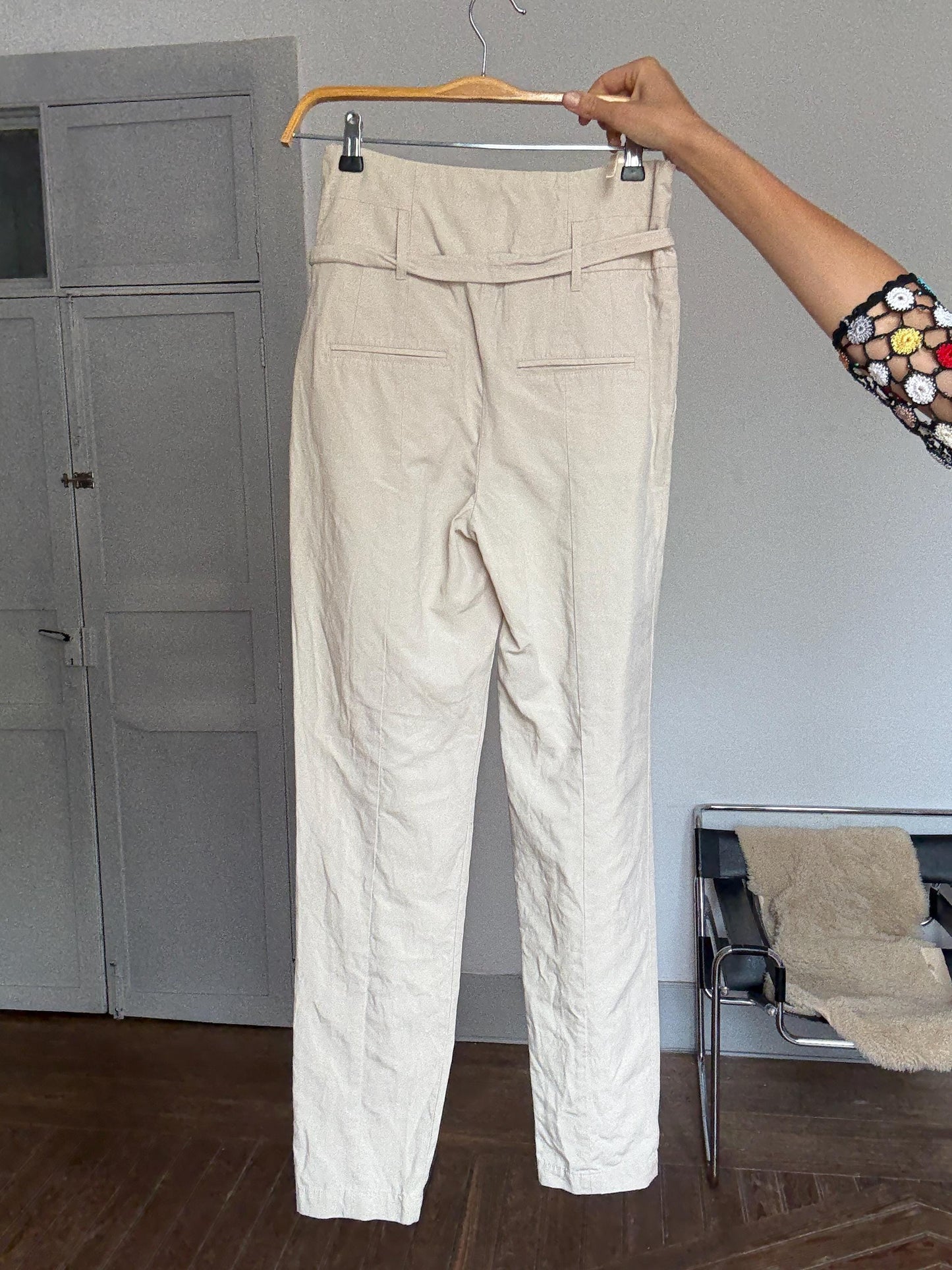 Oatmeal beige high waist trousers, Chic cotton pants with belt | Size EU34 / US2 | Sao Paulo brand