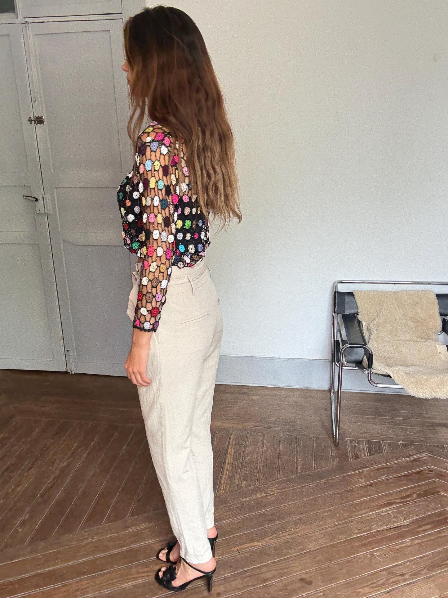 Oatmeal beige high waist trousers, Chic cotton pants with belt | Size EU34 / US2 | Sao Paulo brand