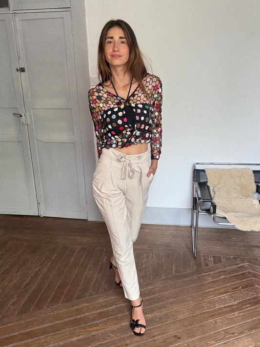 Oatmeal beige high waist trousers, Chic cotton pants with belt | Size EU34 / US2 | Sao Paulo brand