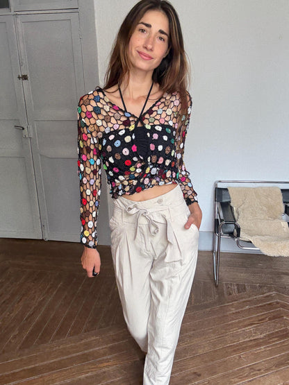 Beige High Waist Cotton Trousers With Belt — back view