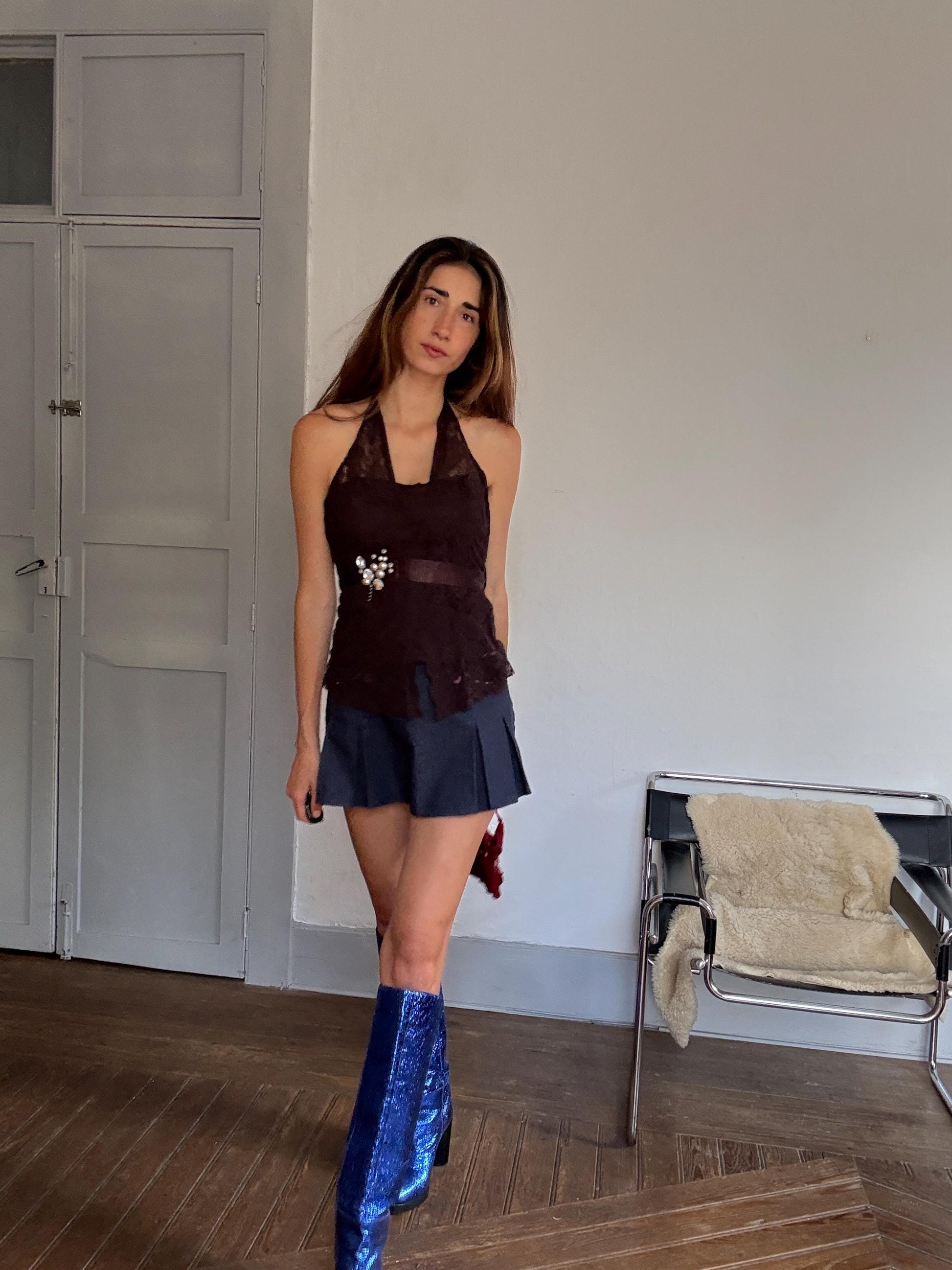 Vintage Y2K Brown Lace Halter Corset Top w/ Gem Detail | Paris Hilton Energy | Romantic Festival Going Out Look