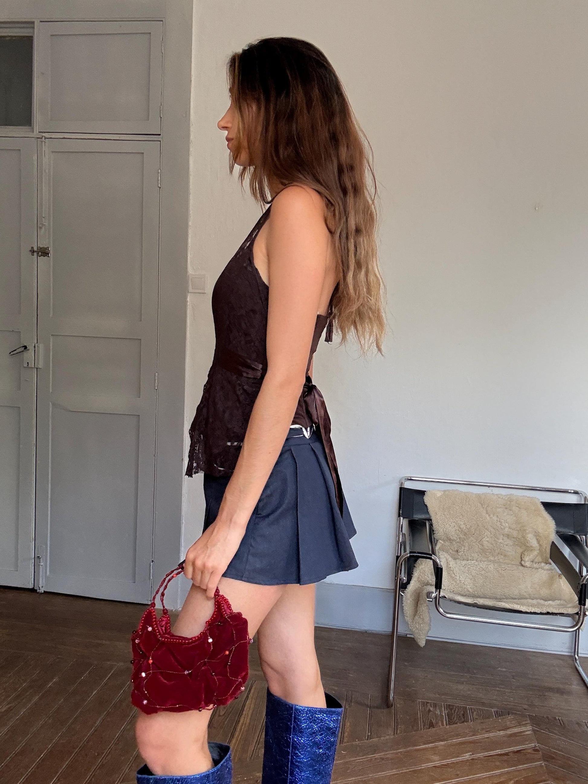 Vintage Deep Red Velvet Evening Handbag — fabric close-up