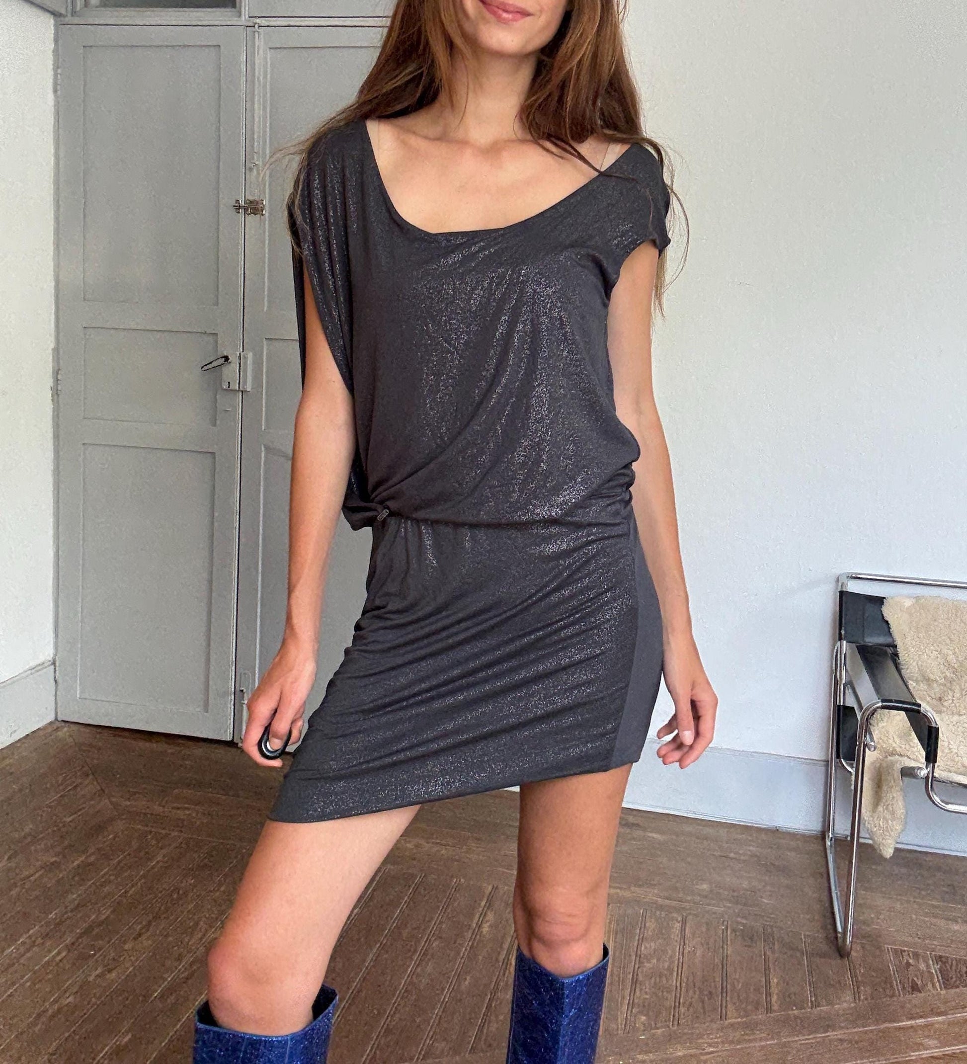 Vintage GUESS metallic charcoal draped mini dress – slinky shimmer partywear perfection