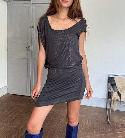Vintage GUESS metallic charcoal draped mini dress – slinky shimmer partywear perfection