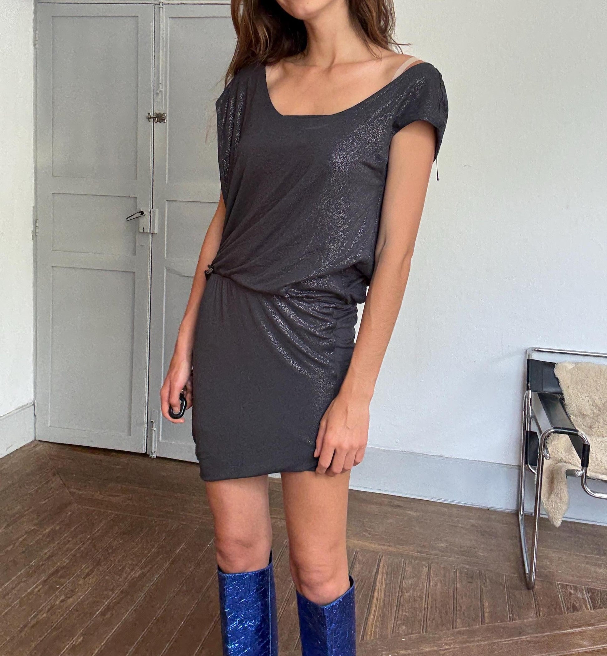 Vintage GUESS metallic charcoal draped mini dress – slinky shimmer partywear perfection