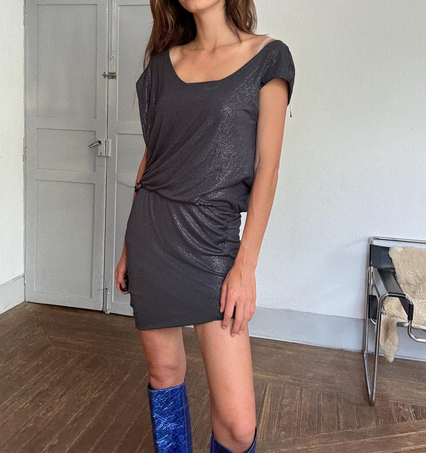 Vintage GUESS metallic charcoal draped mini dress – slinky shimmer partywear perfection