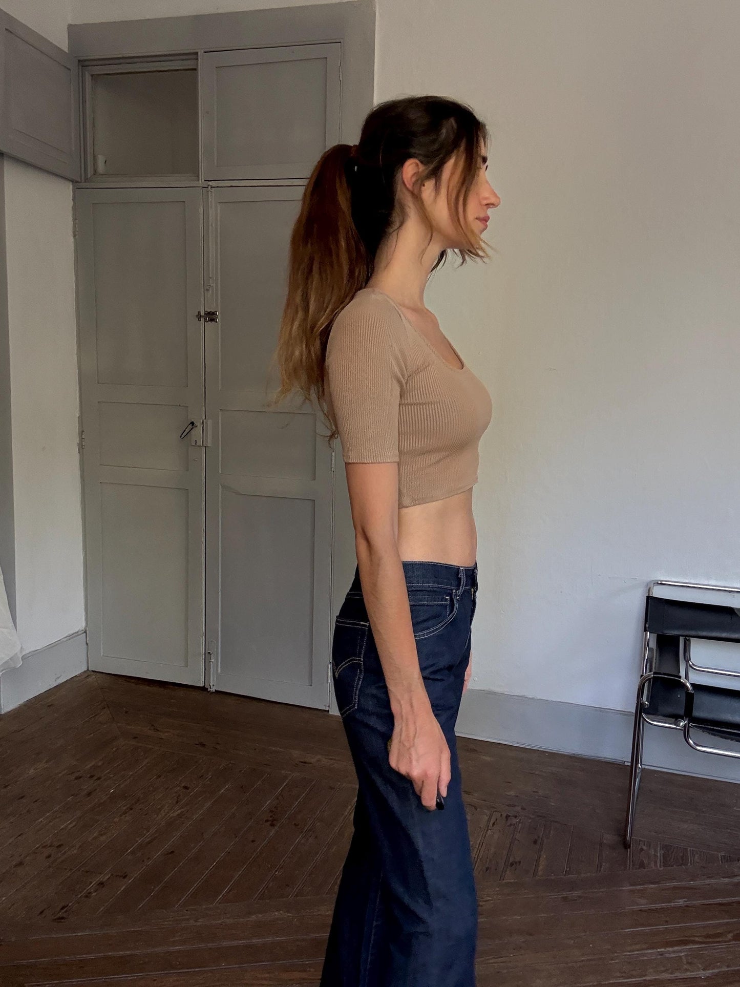 Minimalist Tan Ribbed Crop Top | Earthy Summer Essential | Bella Hadid Street Style Fit
