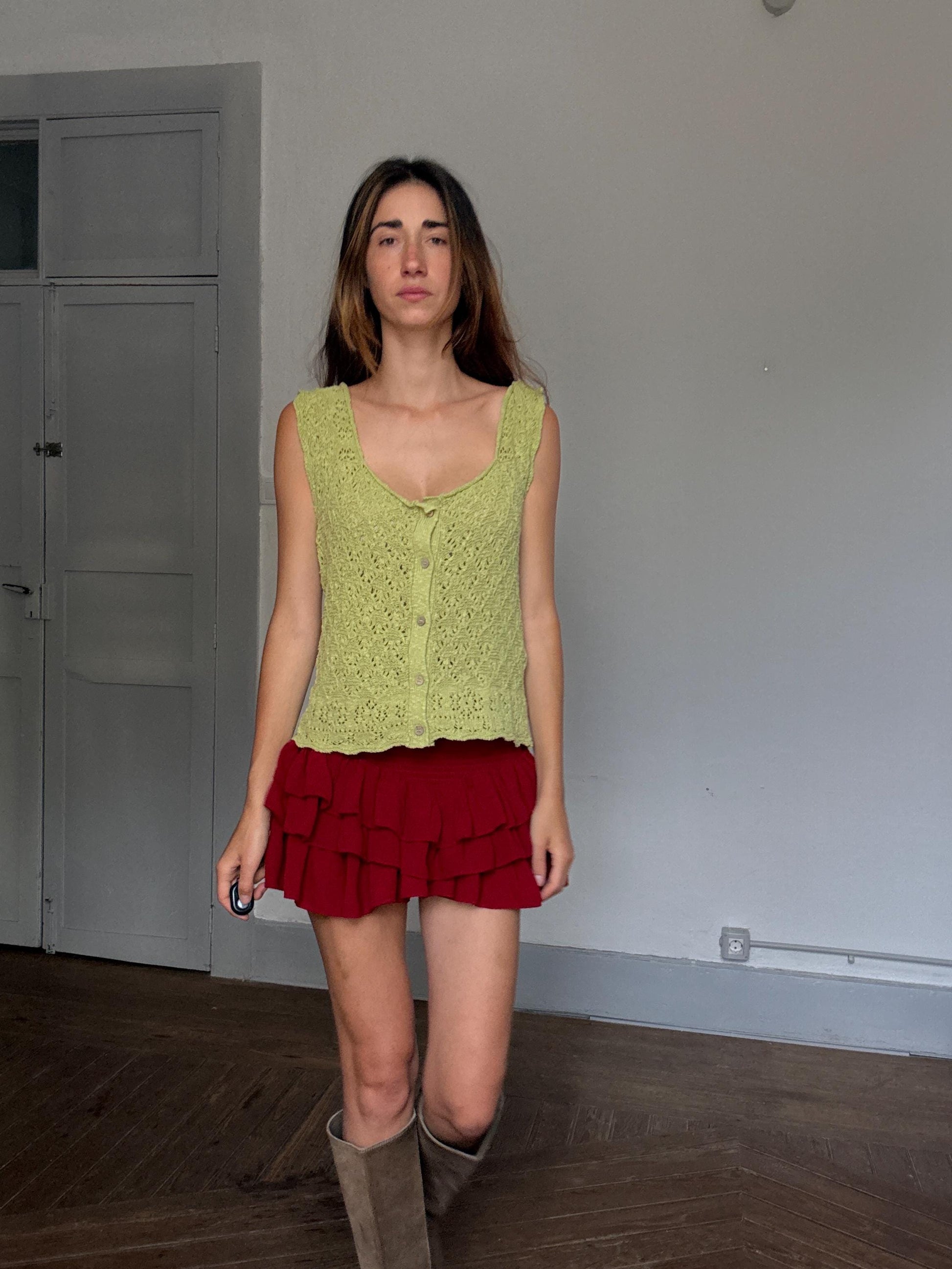 Slowlove Green Crochet Knit Camisole | Boho Festival Top | Olivia Rodrigo Coastal Babe Energy, Size L