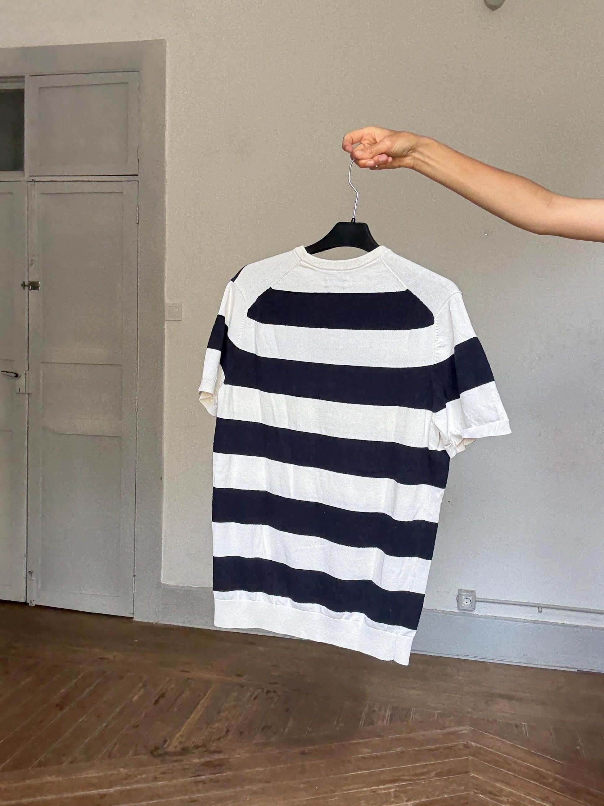 Massimo Dutti Navy & White Striped Tee | French Girl Sailor Vibes Brigitte Bardot Style, Size M
