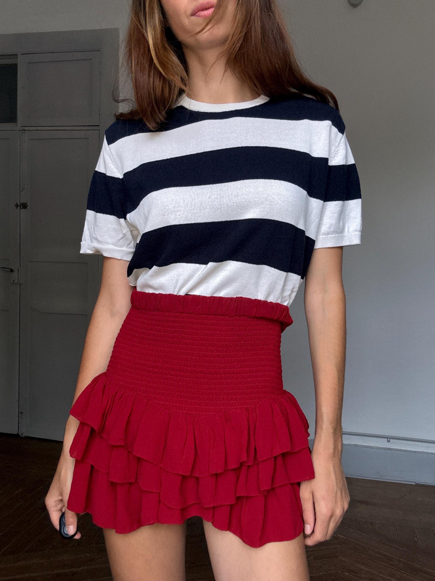 Massimo Dutti Navy & White Striped Tee | French Girl Sailor Vibes Brigitte Bardot Style, Size M