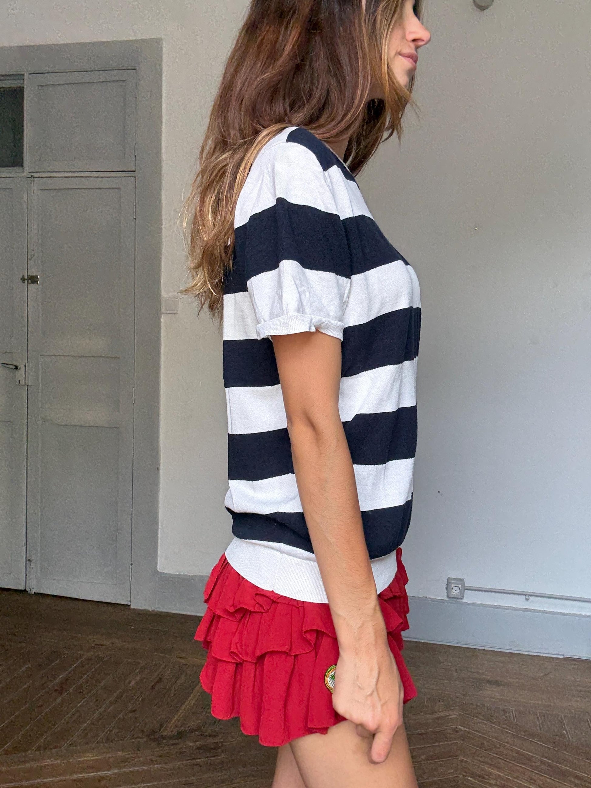 Massimo Dutti Navy & White Striped Tee | French Girl Sailor Vibes Brigitte Bardot Style, Size M