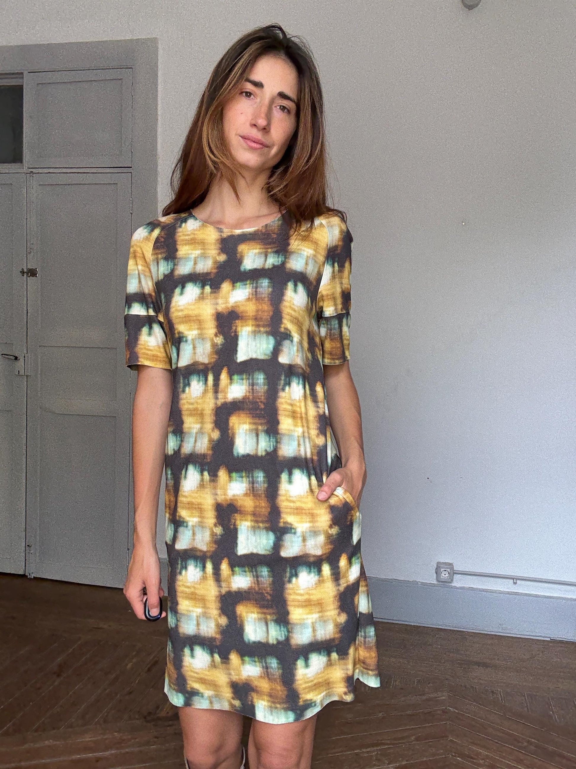 COS Abstract Print Mini Dress | Earthy Luxe Summer Staple, Hidden Pockets & Art-Gallery Vibes, Size S