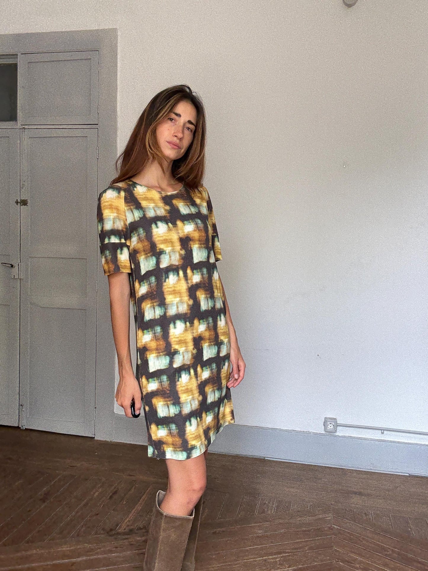 COS Abstract Print Mini Dress | Earthy Luxe Summer Staple, Hidden Pockets & Art-Gallery Vibes, Size S