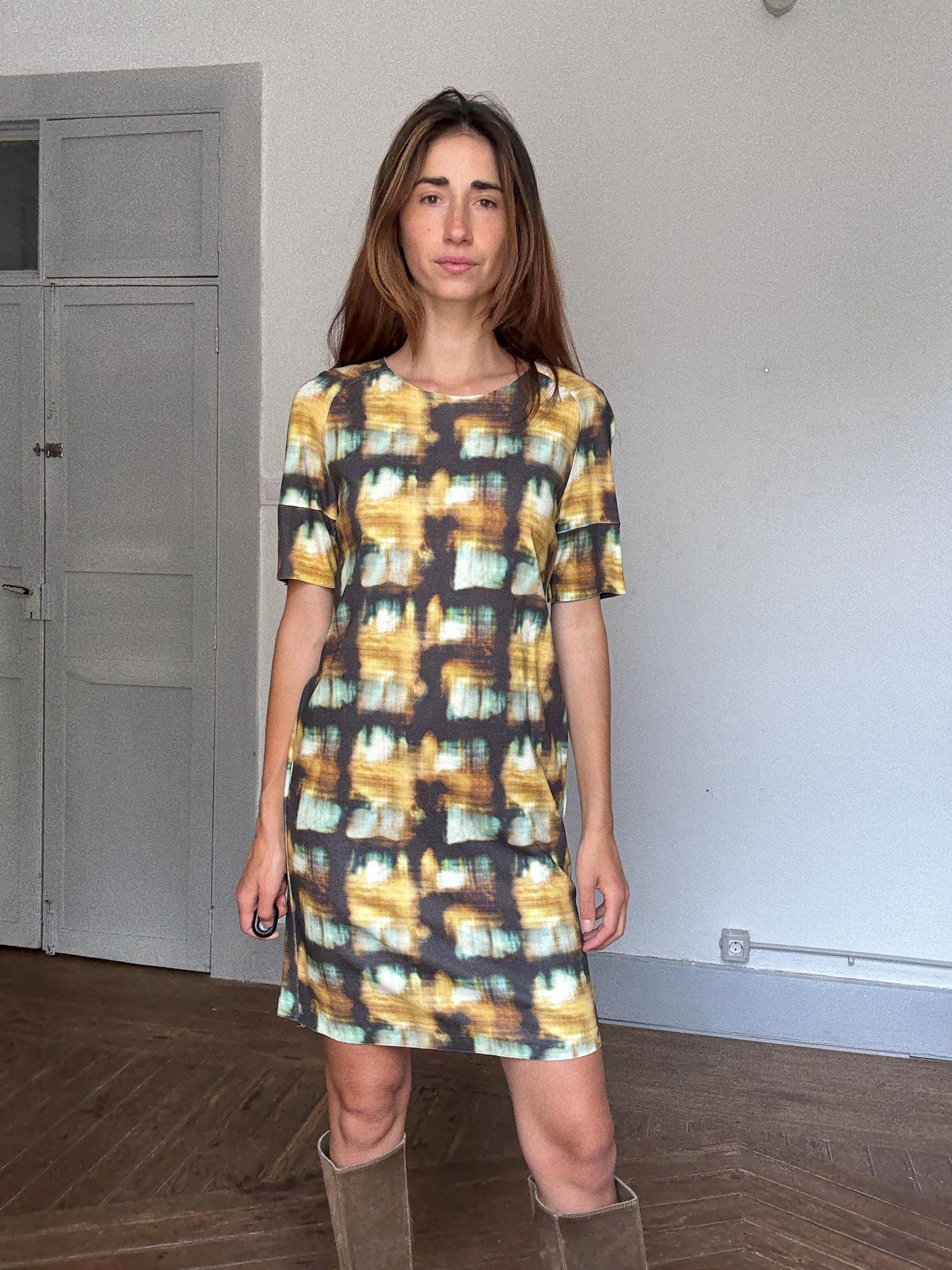 COS Abstract Print Mini Dress | Earthy Luxe Summer Staple, Hidden Pockets & Art-Gallery Vibes, Size S