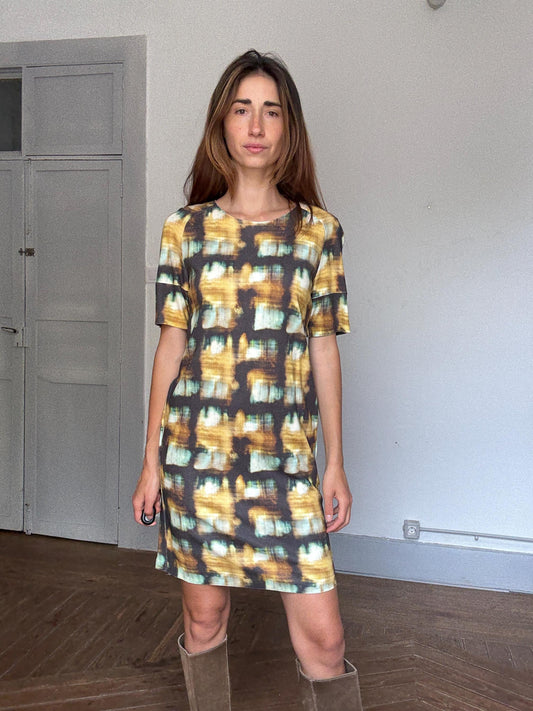 COS Abstract Print Mini Dress | Earthy Luxe Summer Staple, Hidden Pockets & Art-Gallery Vibes, Size S