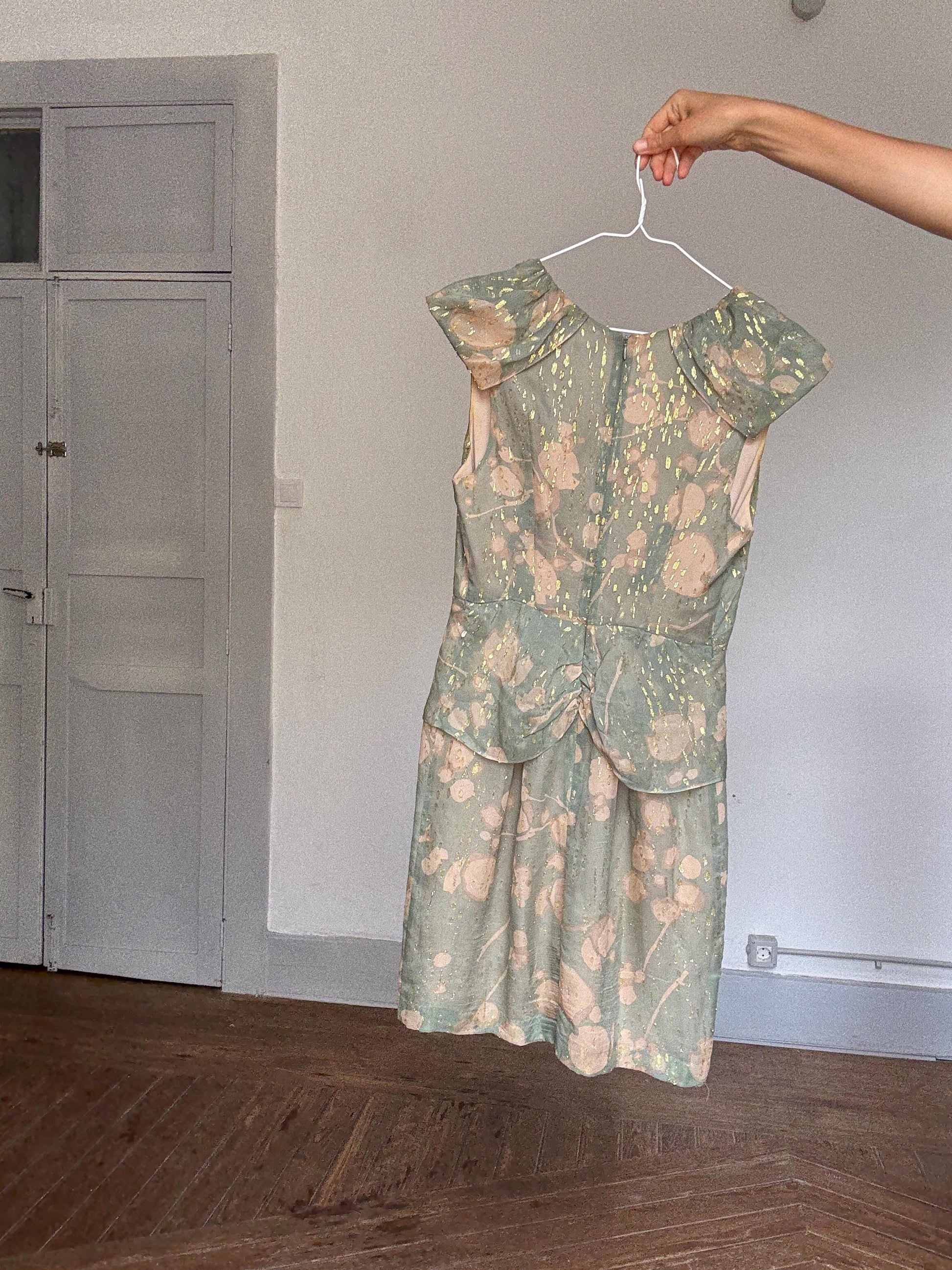 Hoss Intropia Green Silk Mini Dress | Gold Metallic Glitter | Spanish Luxury Brand | Size EU 38