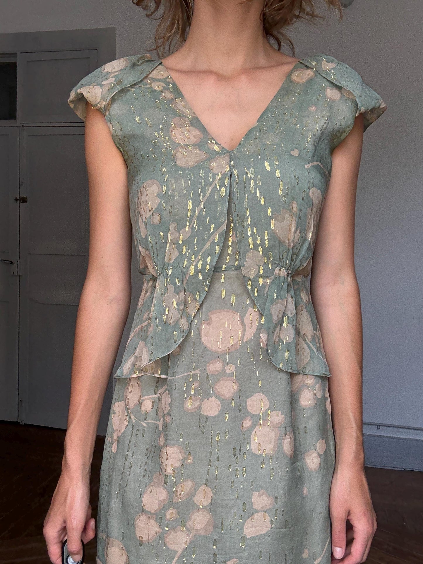 Hoss Intropia Green Silk Mini Dress | Gold Metallic Glitter | Spanish Luxury Brand | Size EU 38