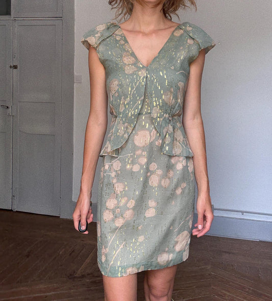 Hoss Intropia Green Silk Mini Dress | Gold Metallic Glitter | Spanish Luxury Brand | Size EU 38