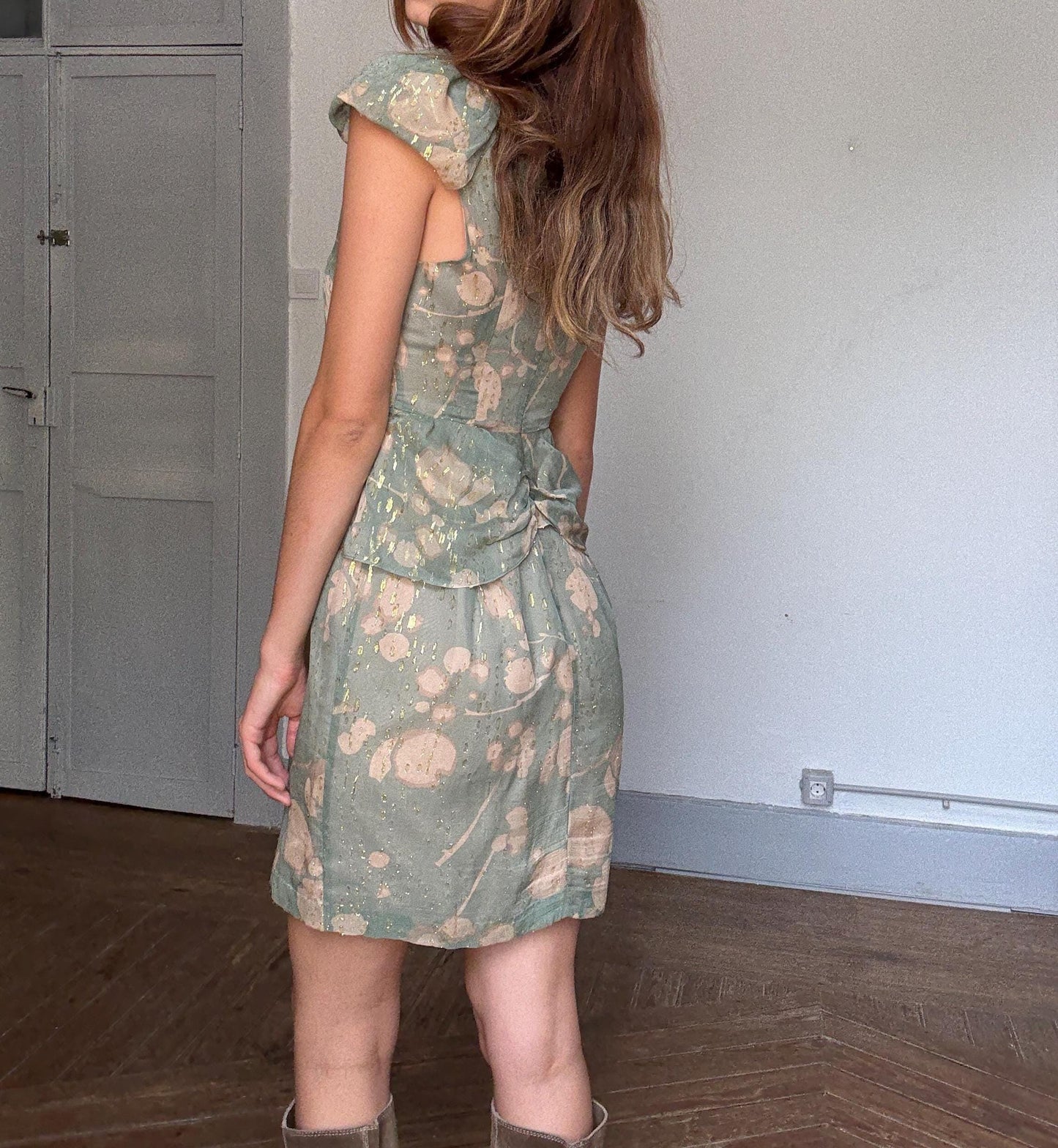 Hoss Intropia Green Silk Mini Dress | Gold Metallic Glitter | Spanish Luxury Brand | Size EU 38