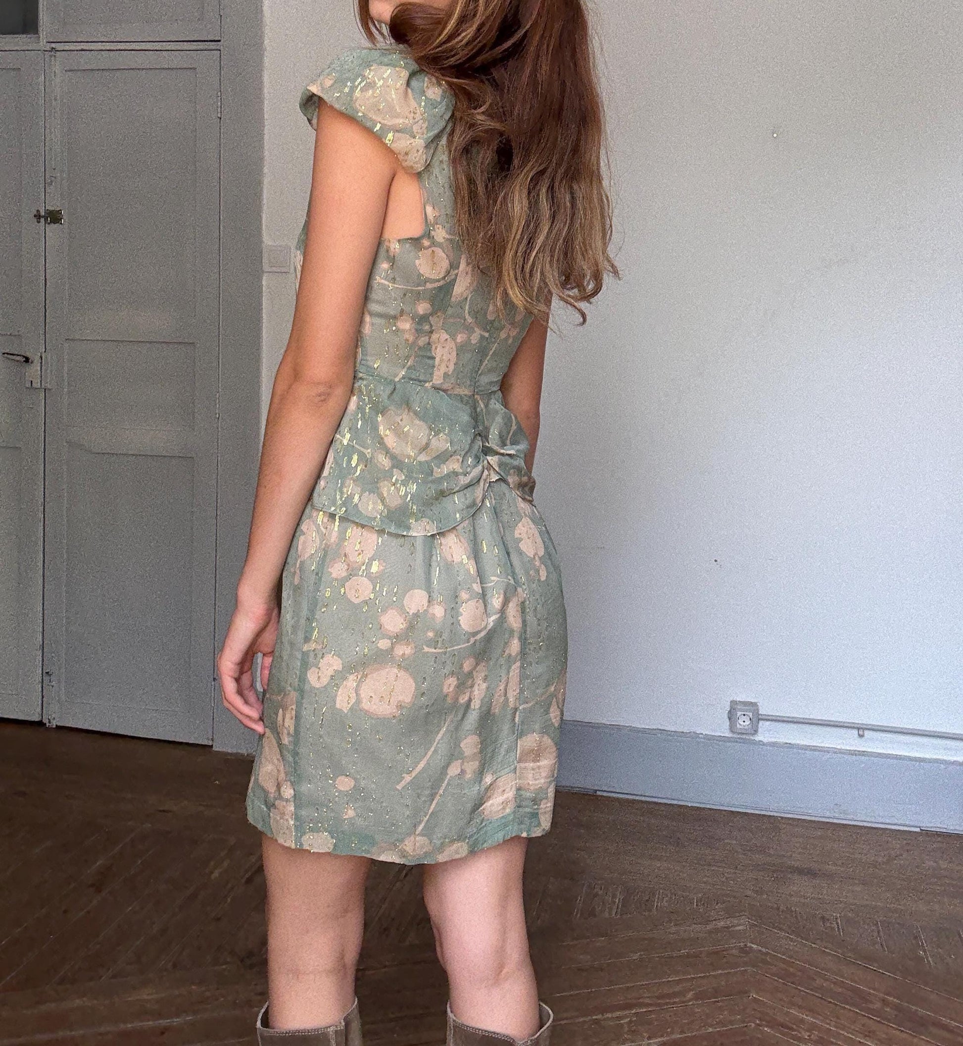 Hoss Intropia Green Silk Mini Dress | Gold Metallic Glitter | Spanish Luxury Brand | Size EU 38