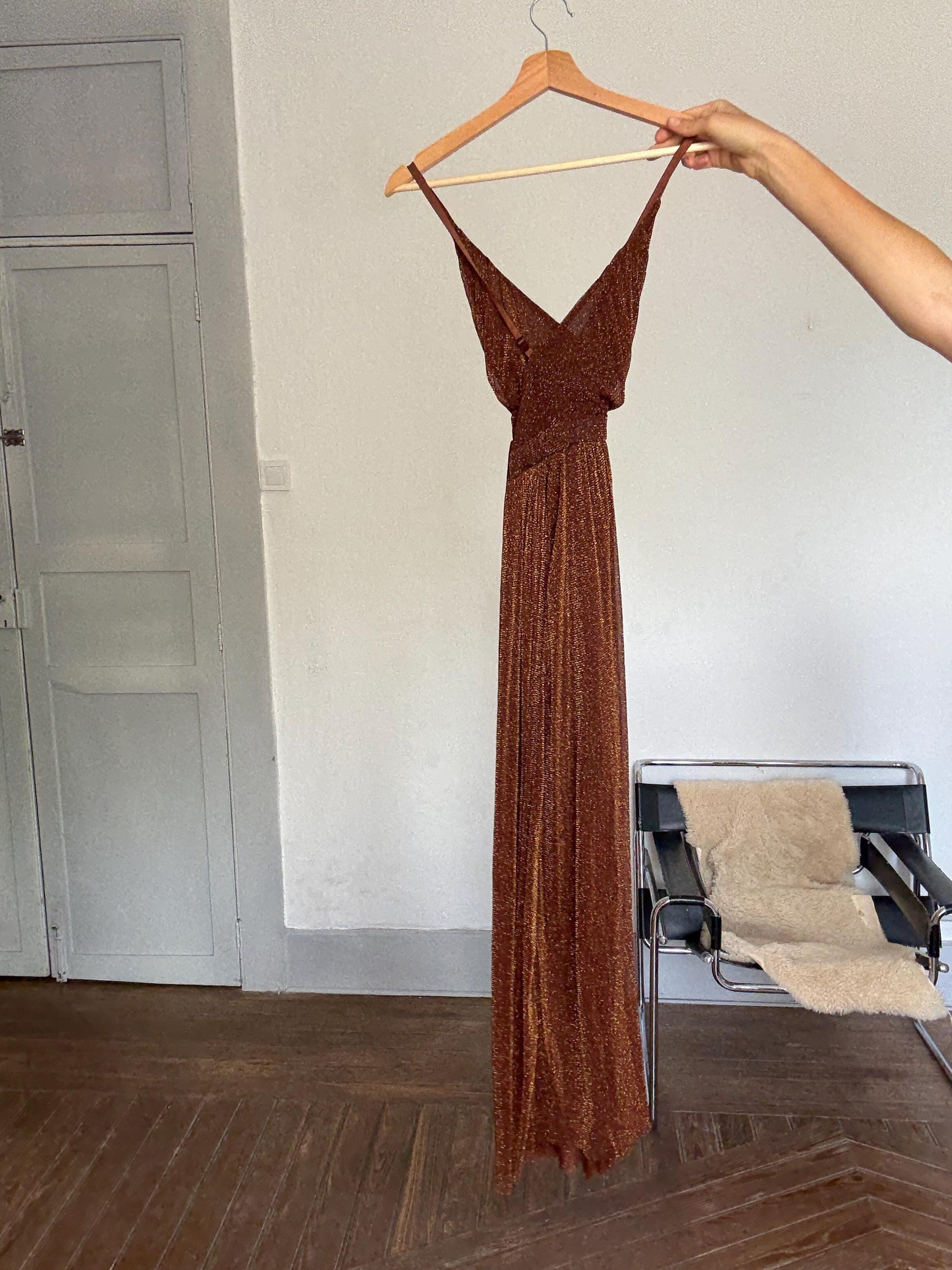Sparkly Brown Sheer Dress – Lightweight Crinkle Mesh Maxi with Open Back & V-Neck, Perfect for Events or Summer Days, Size S