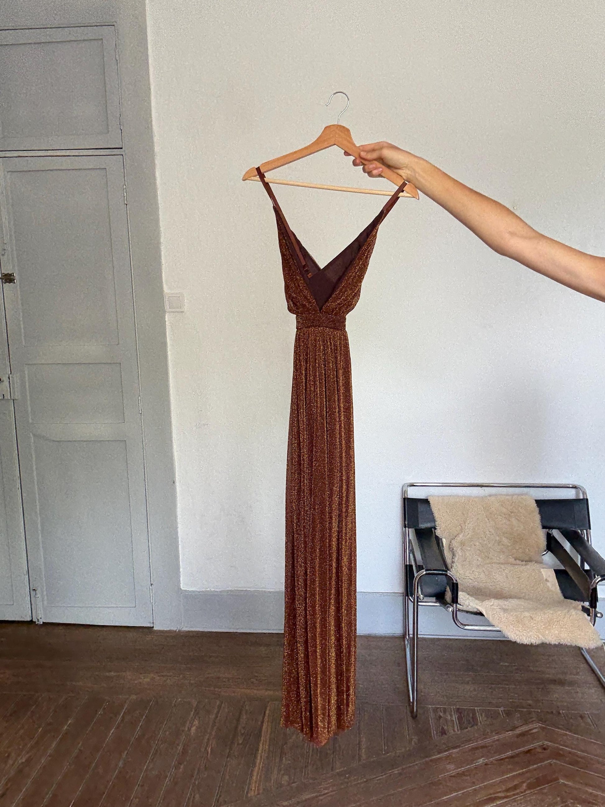 Sparkly Brown Sheer Dress – Lightweight Crinkle Mesh Maxi with Open Back & V-Neck, Perfect for Events or Summer Days, Size S