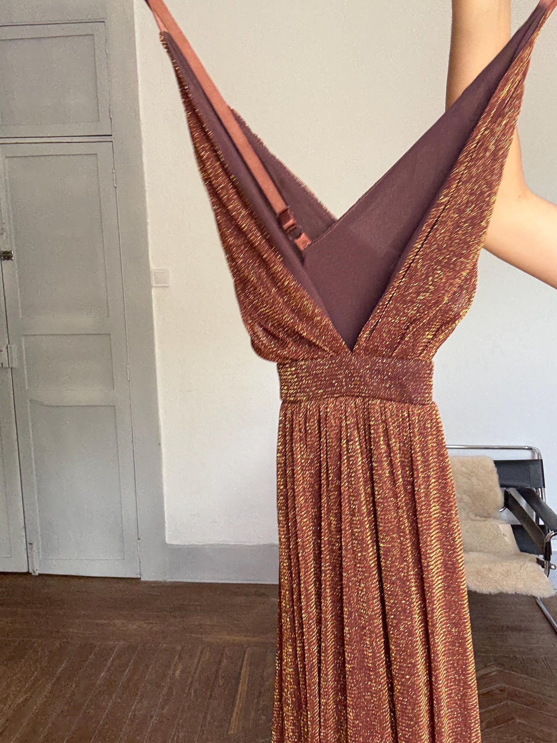 Sparkly Brown Sheer Dress – Lightweight Crinkle Mesh Maxi with Open Back & V-Neck, Perfect for Events or Summer Days, Size S