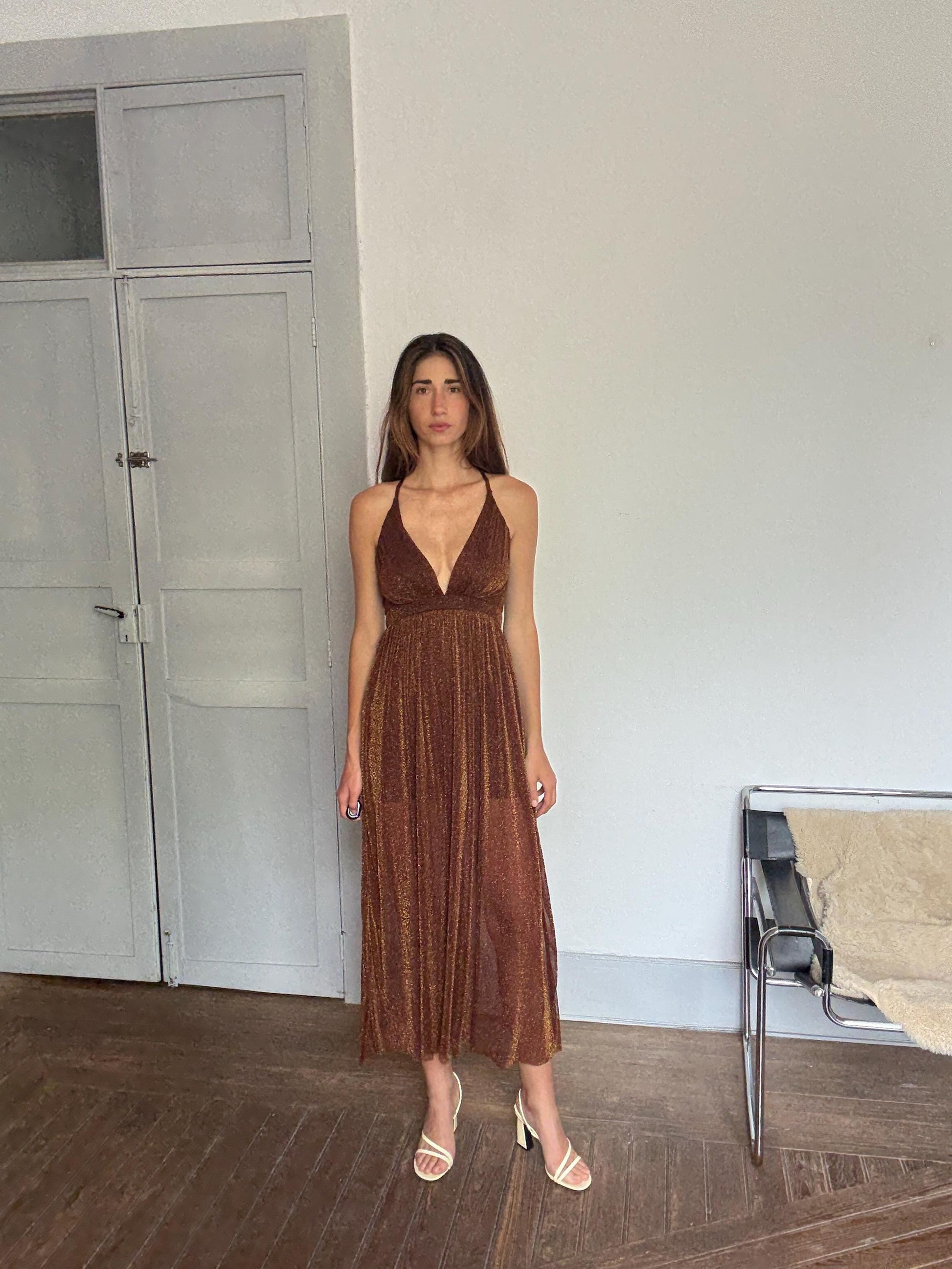 Sparkly Brown Sheer Dress – Lightweight Crinkle Mesh Maxi with Open Back & V-Neck, Perfect for Events or Summer Days, Size S
