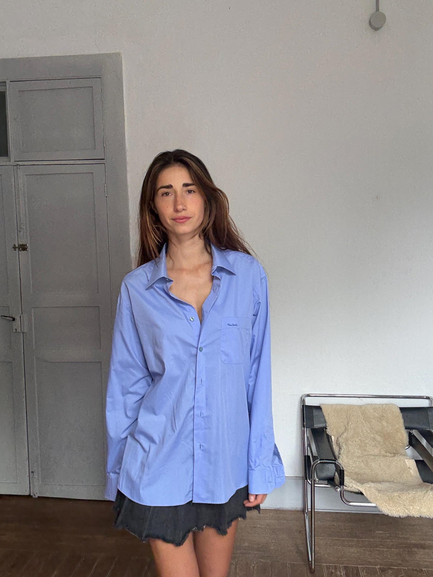 Vintage Pierre Cardin Classic Blue Button-Up Shirt — fabric close-up