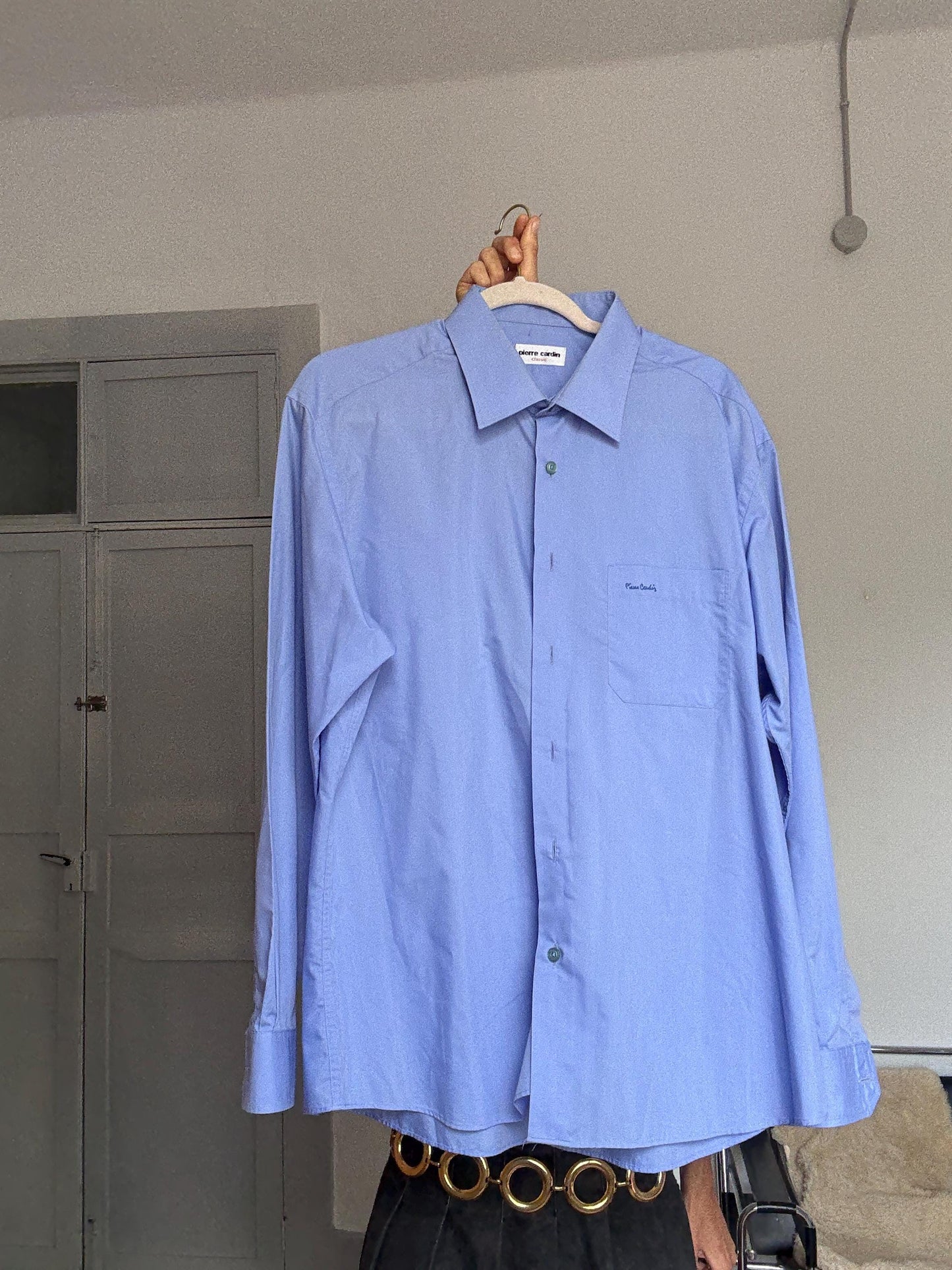 Vintage Pierre Cardin Classic Blue Shirt – Unisex Oversized Button-Up, 80s Style in Cotton Blend, Menswear-Inspired, Size L