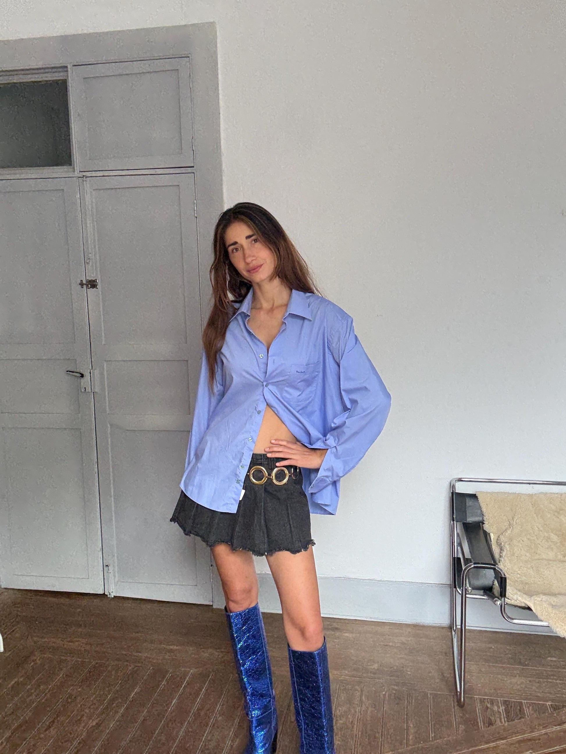 Vintage Pierre Cardin Classic Blue Shirt – Unisex Oversized Button-Up, 80s Style in Cotton Blend, Menswear-Inspired, Size L