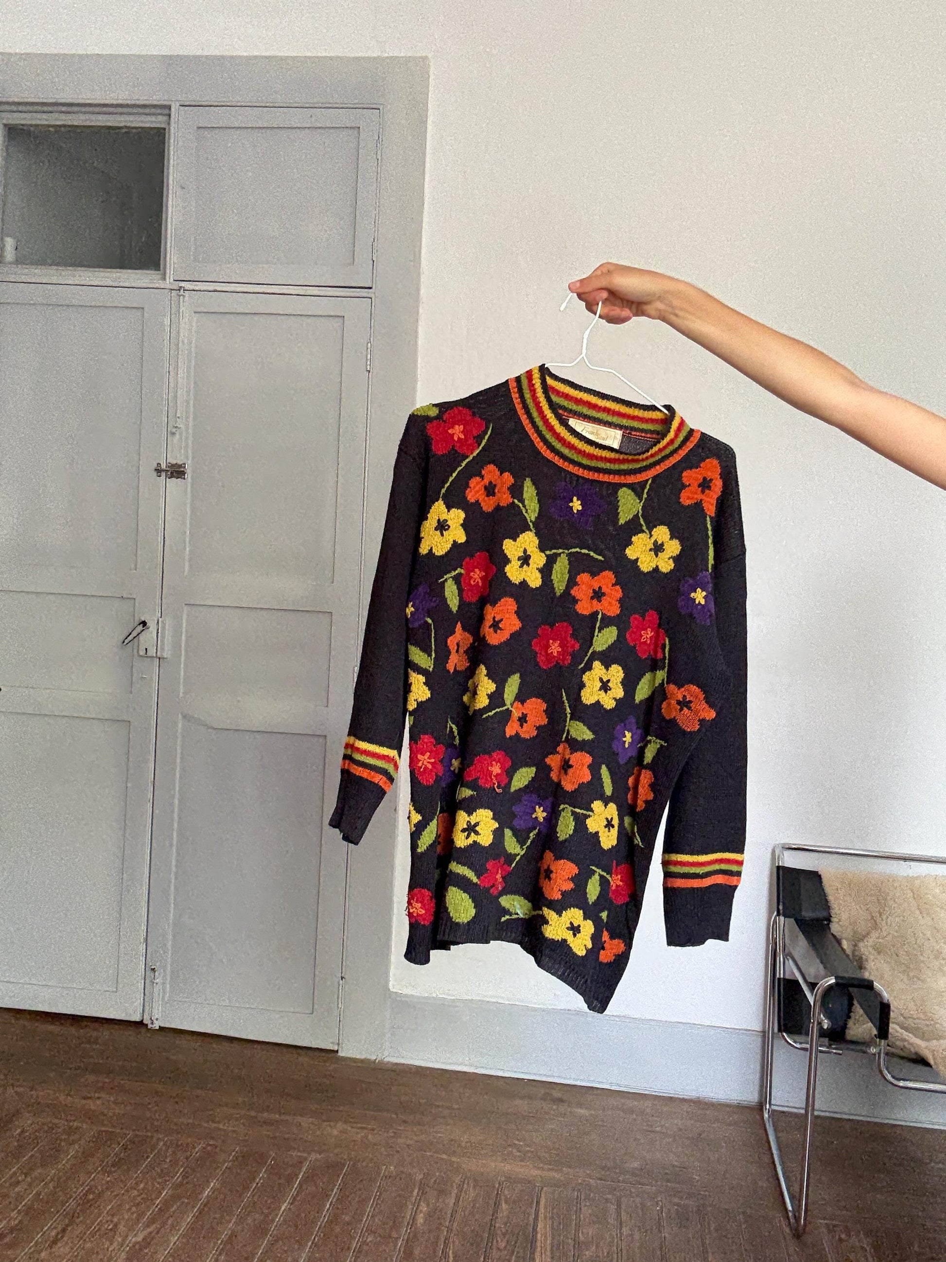 Vintage Frank Saut Floral Knit Sweater | Bold Colorful Print | Iconic Sade Style Statement Piece | Free Size 80s Boho Cozy Knit