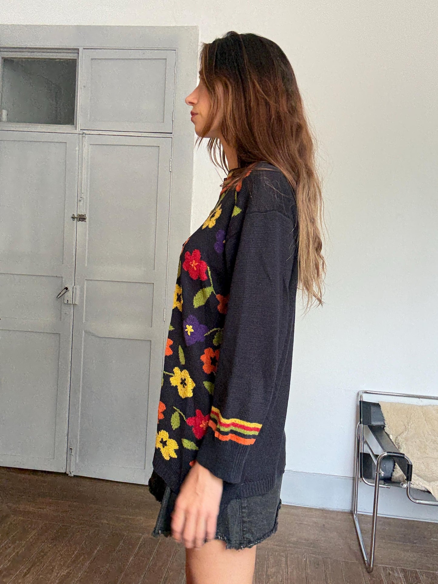 Vintage Frank Saut Floral Knit Sweater | Bold Colorful Print | Iconic Sade Style Statement Piece | Free Size 80s Boho Cozy Knit