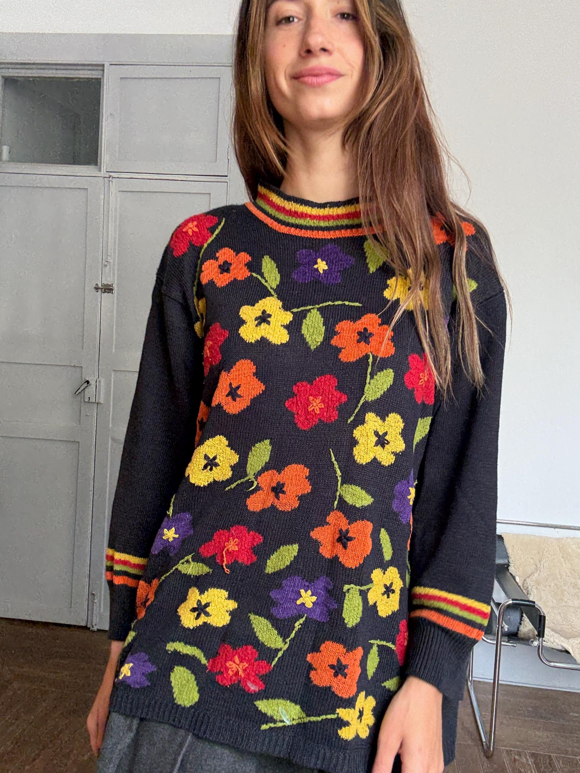 Vintage Frank Saut Floral Knit Sweater | Bold Colorful Print | Iconic Sade Style Statement Piece | Free Size 80s Boho Cozy Knit