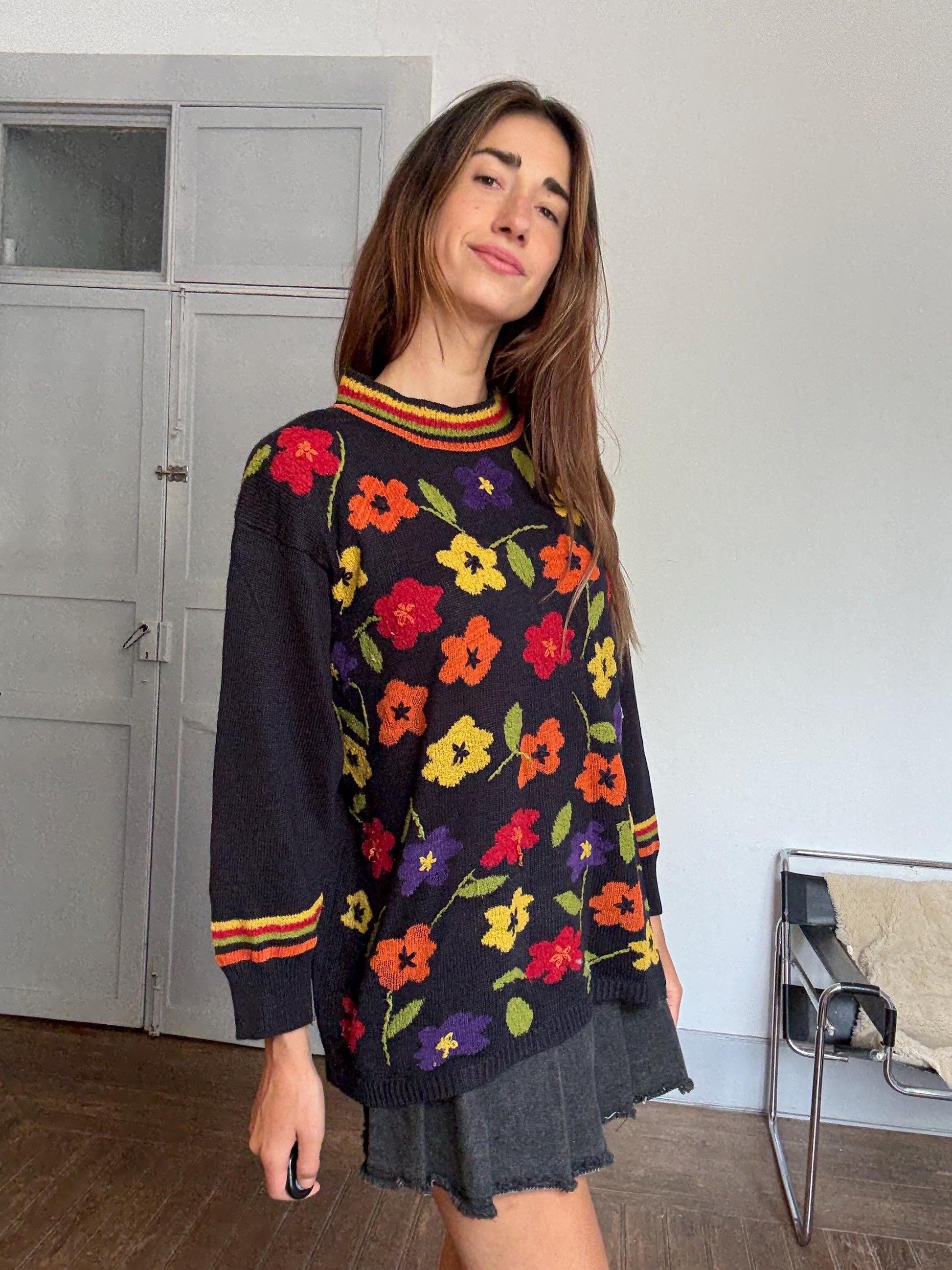 Vintage Frank Saut Floral Knit Sweater | Bold Colorful Print | Iconic Sade Style Statement Piece | Free Size 80s Boho Cozy Knit