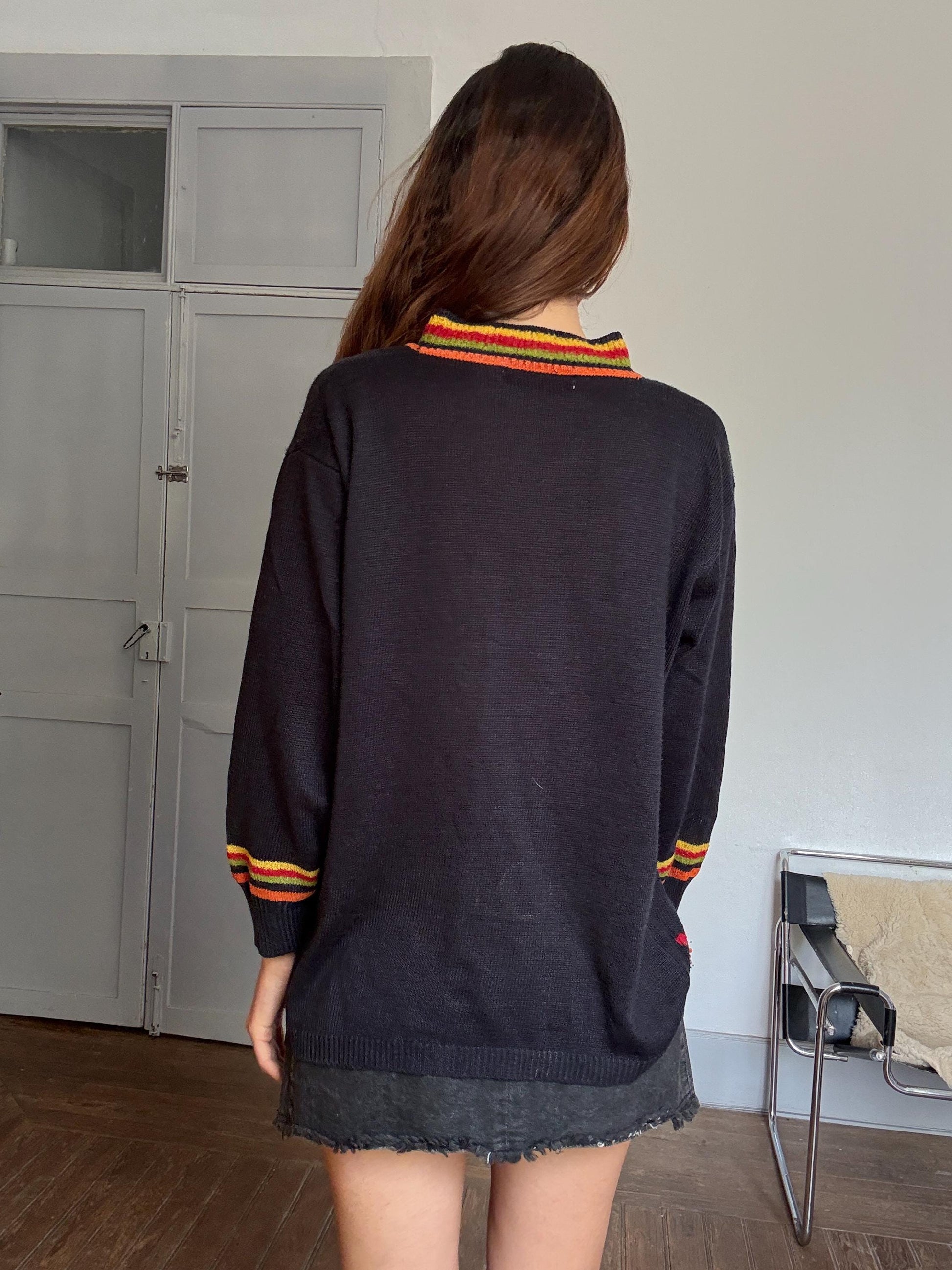 Vintage Frank Saut Floral Knit Sweater | Bold Colorful Print | Iconic Sade Style Statement Piece | Free Size 80s Boho Cozy Knit