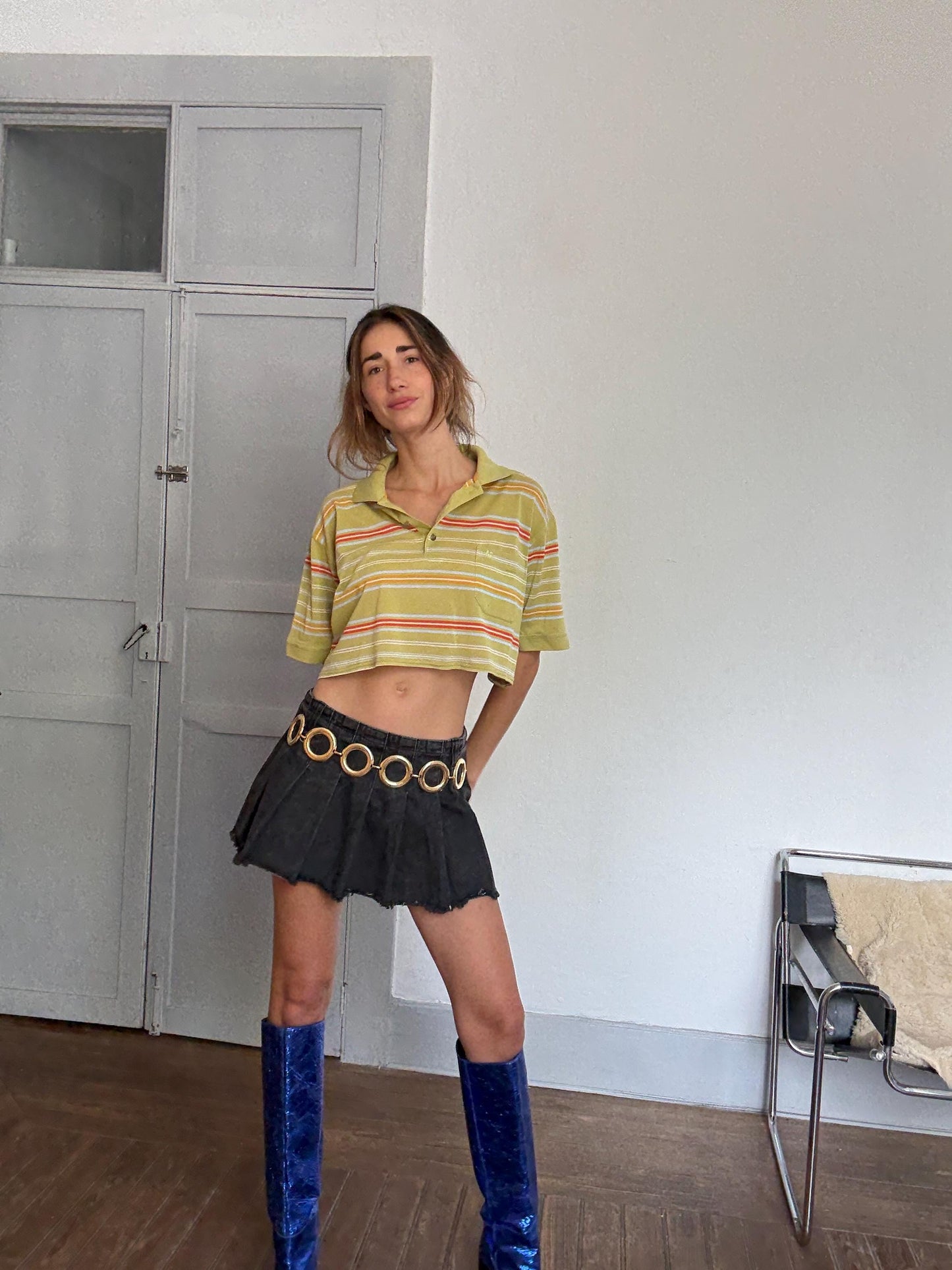 Reworked Vintage Belika Polo – Cropped Striped Polo Shirt in Cheerful Colors, Unisex Oversized Fit, Upcycled from Menswear, Size L