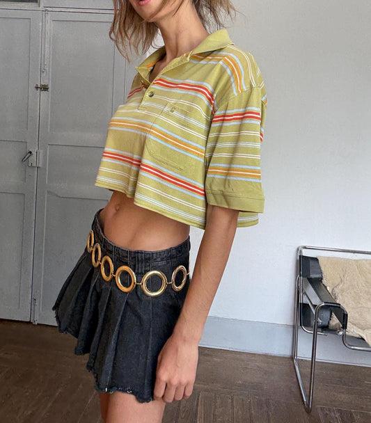 Reworked Vintage Belika Polo – Cropped Striped Polo Shirt in Cheerful Colors, Unisex Oversized Fit, Upcycled from Menswear, Size L