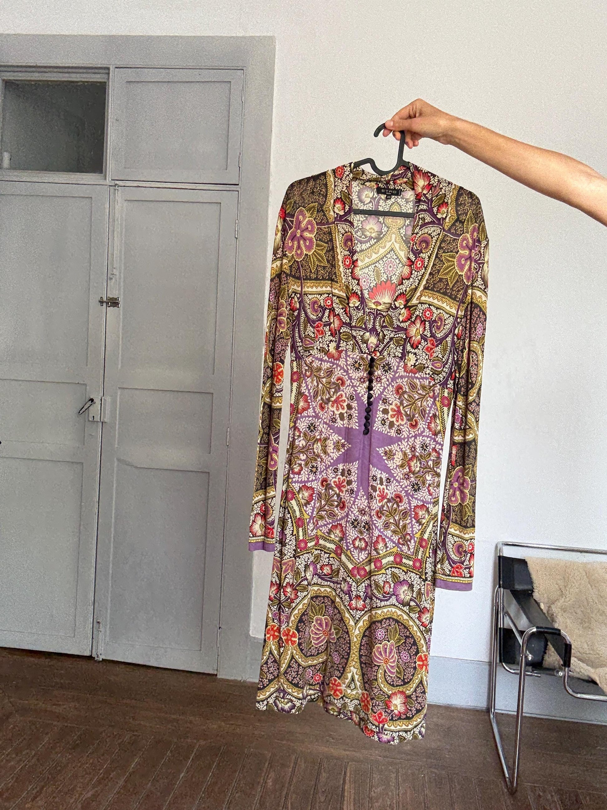 Vintage Etro Milano Designer Dress – Bold Bohemian Print, Made in Italy, Soft Stretch Fabric, Long Sleeve Luxury Piece, Size 46