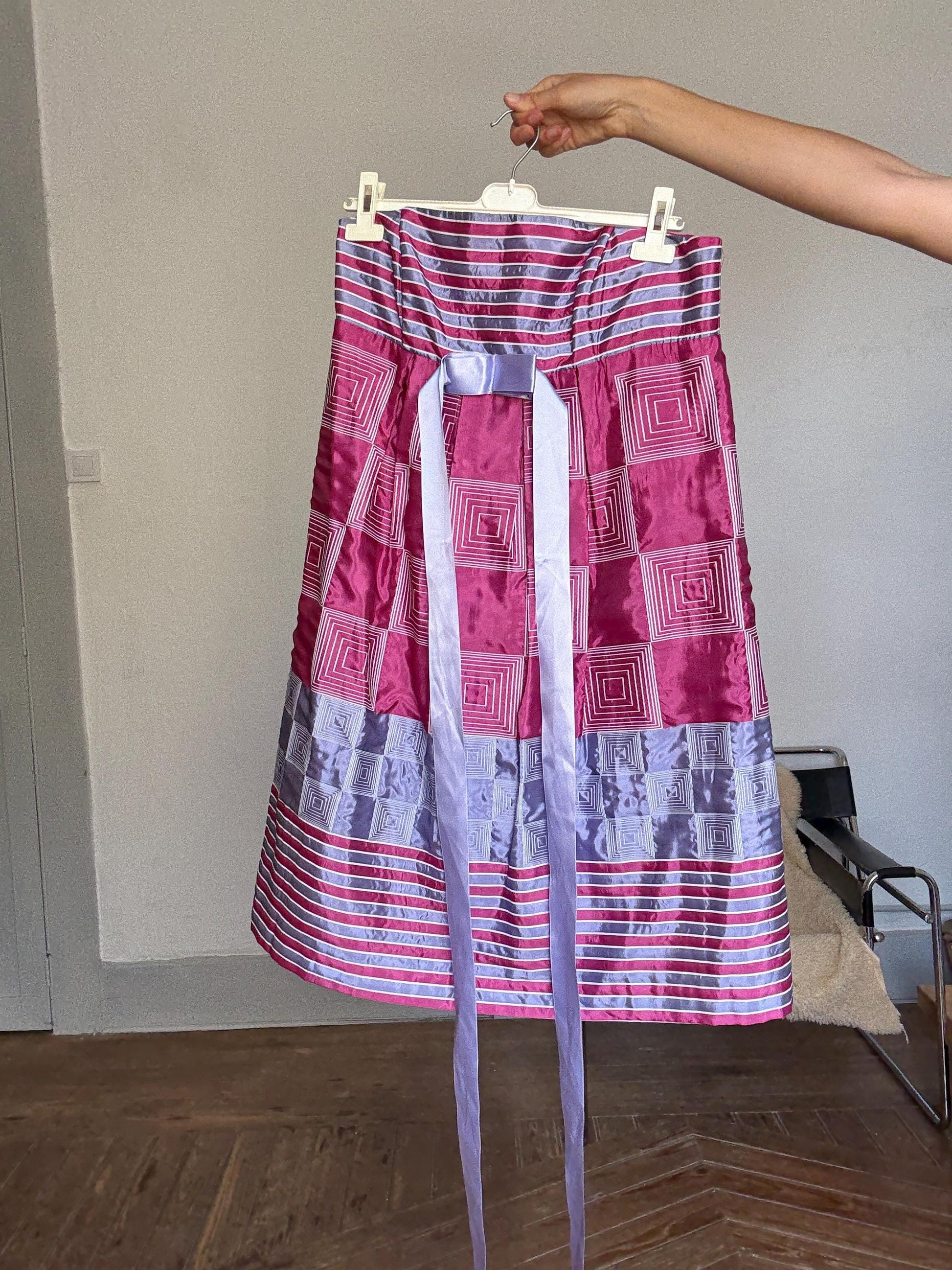 Vintage Strapless Party Dress – Geometric Pink & Lilac Bow Dress – Made in Spain – Size L/XL – Statement Occasion Look