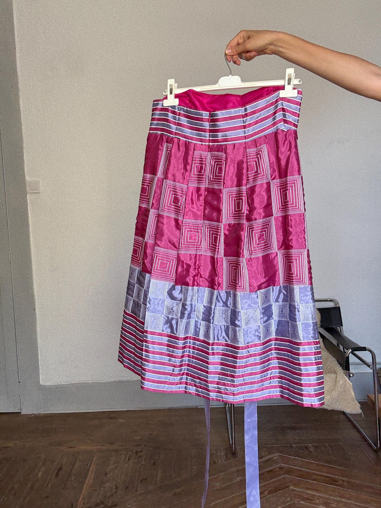 Vintage Strapless Party Dress – Geometric Pink & Lilac Bow Dress – Made in Spain – Size L/XL – Statement Occasion Look