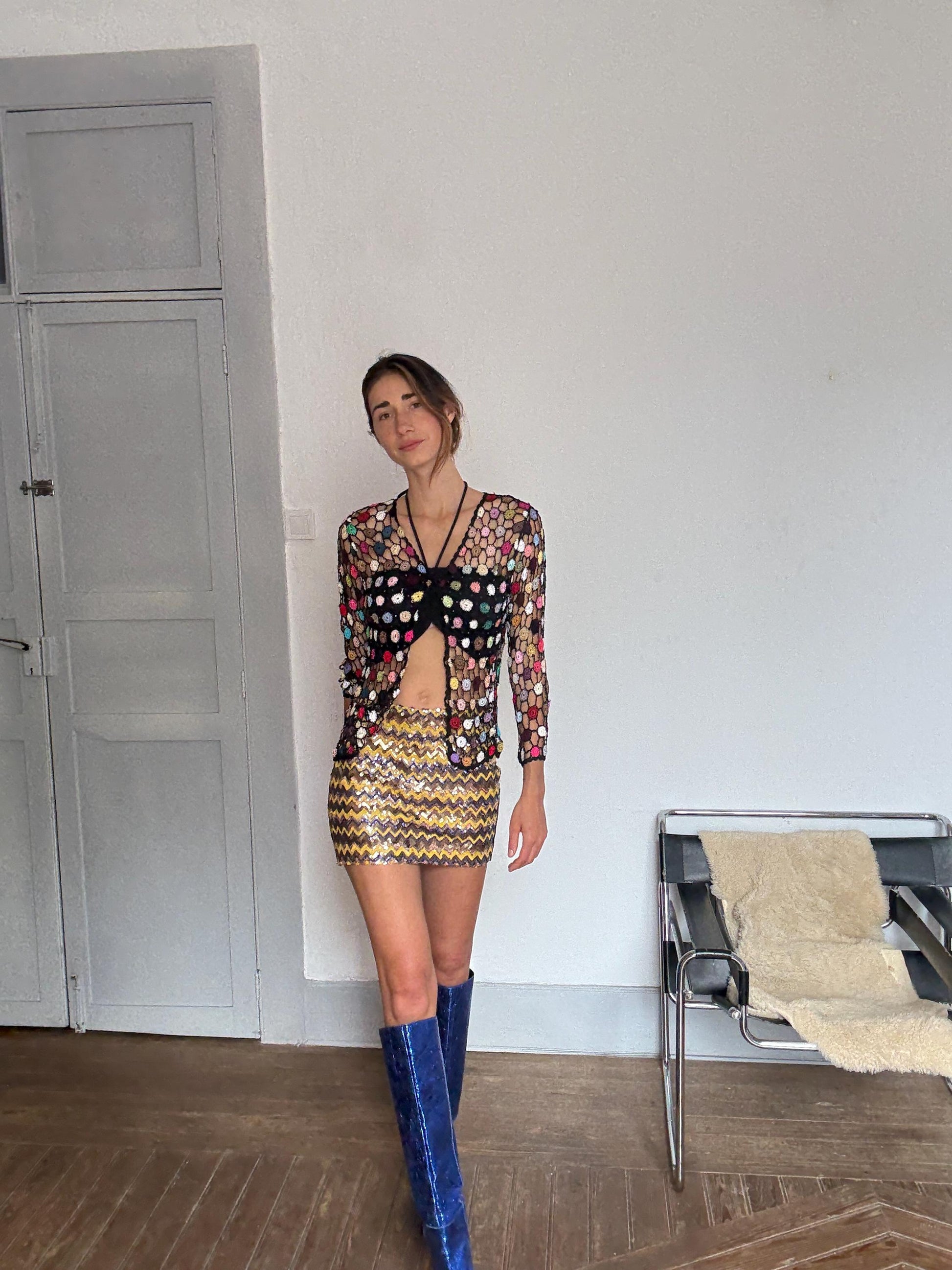 Vintage crochet pathwork glitter vest, Boho festival top, See through sparkly cardigan, Bohemian colourful summer clothing, Size S