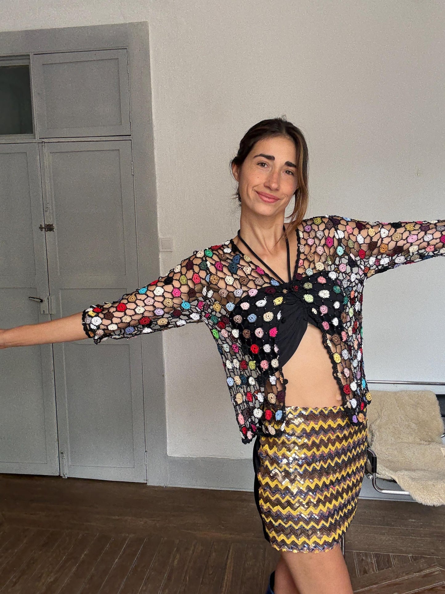 Vintage crochet pathwork glitter vest, Boho festival top, See through sparkly cardigan, Bohemian colourful summer clothing, Size S